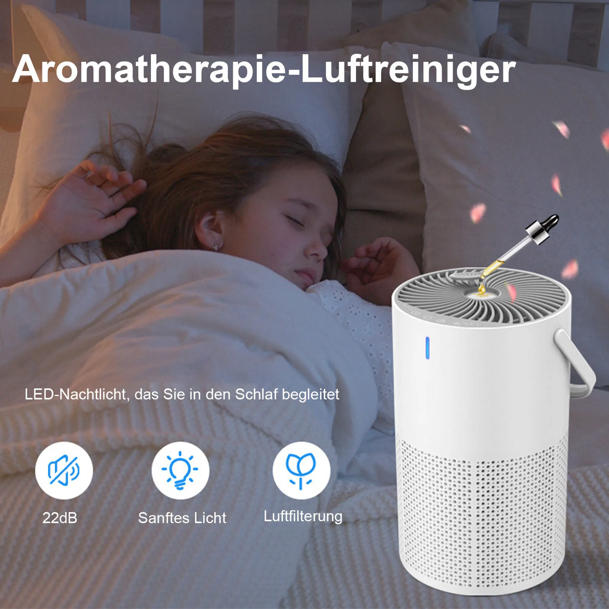 Ein weißer Luftreiniger mit ätherischem Öl tropft auf die Oberseite. Ein Kind schläft.