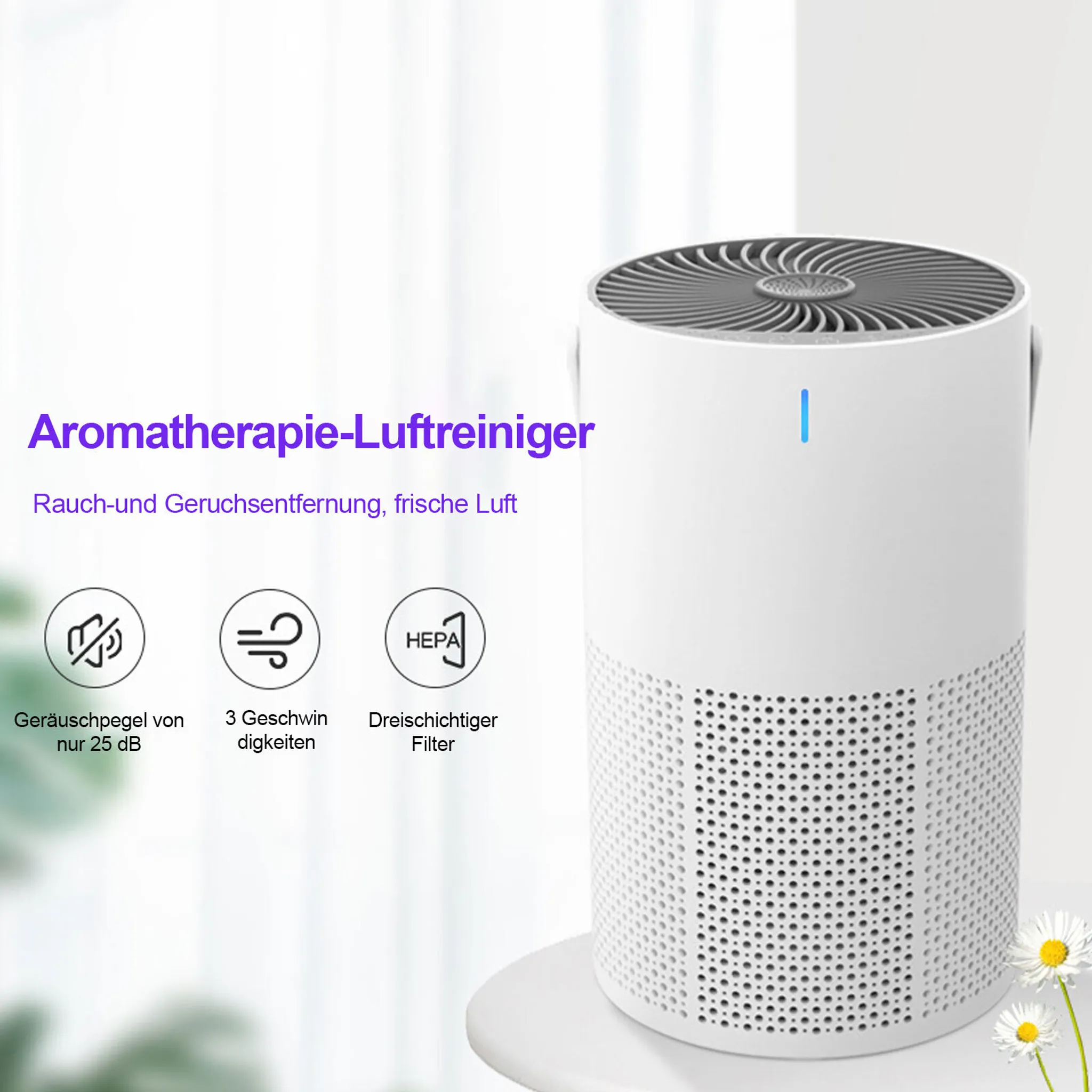 Ein weißer Luftreiniger mit HEPA-Filter und Aromatherapie-Funktion.