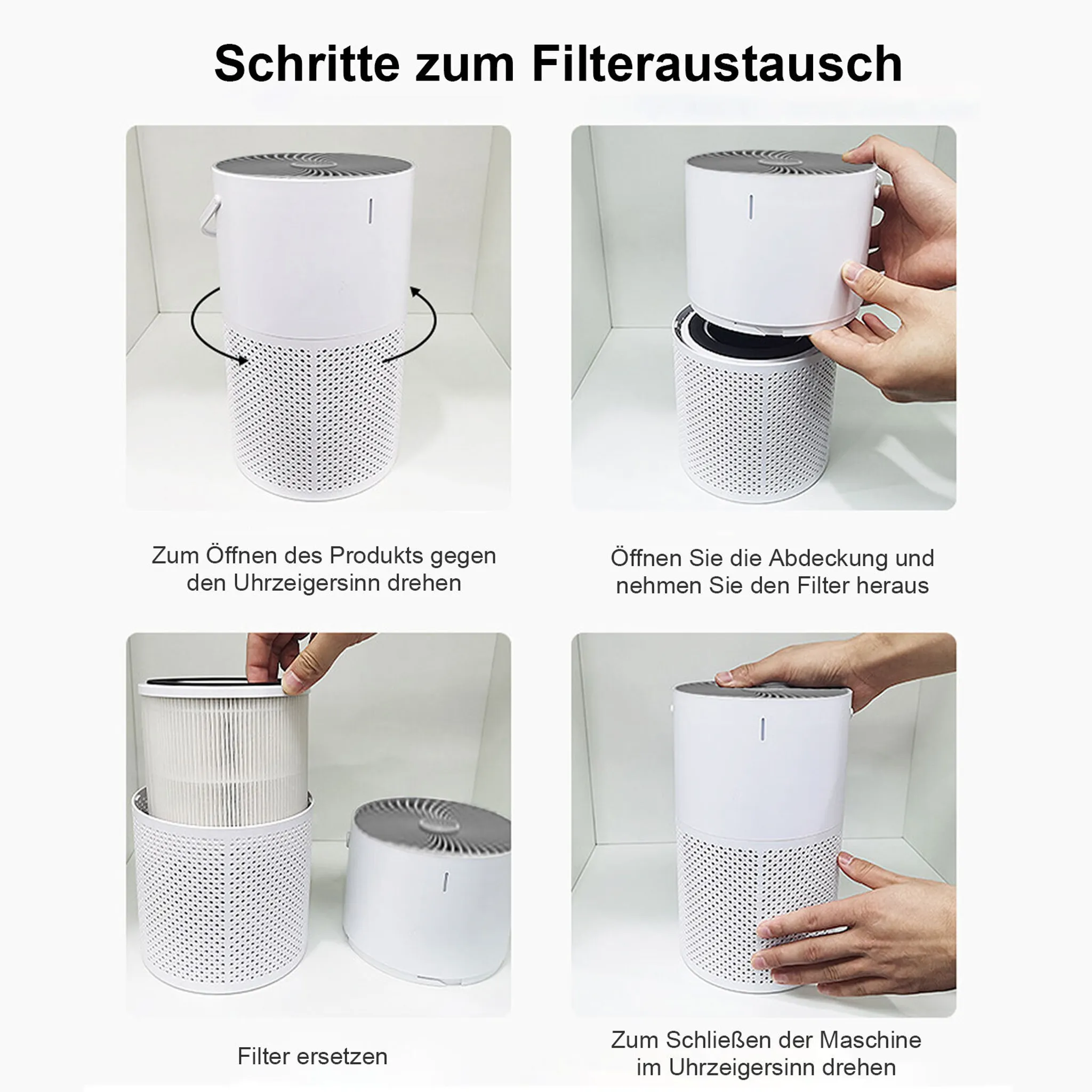 Anleitung zum Filterwechsel eines weißen Luftreinigers in vier Schritten.