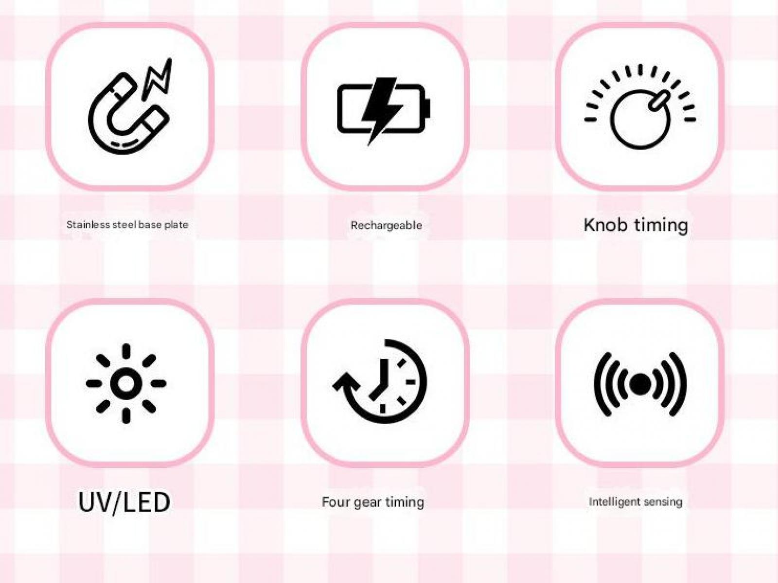 Symbole: Magnet, Akku, Drehknopf, UV/LED, Timer, Sensor.