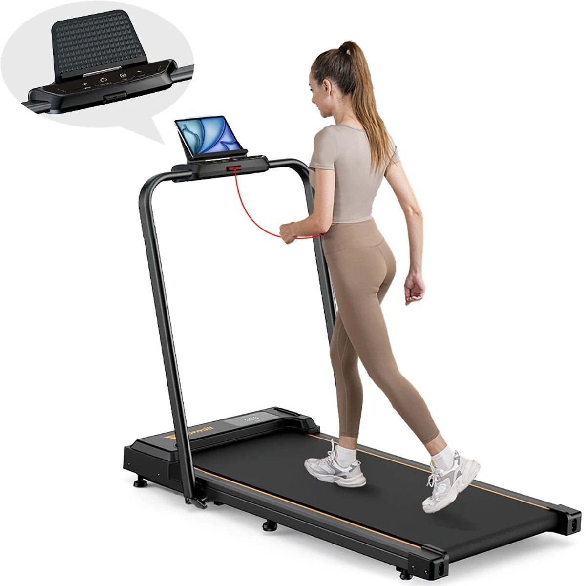 Kobieta biegnie na bieżni z tabletem i kluczem bezpieczeństwa.