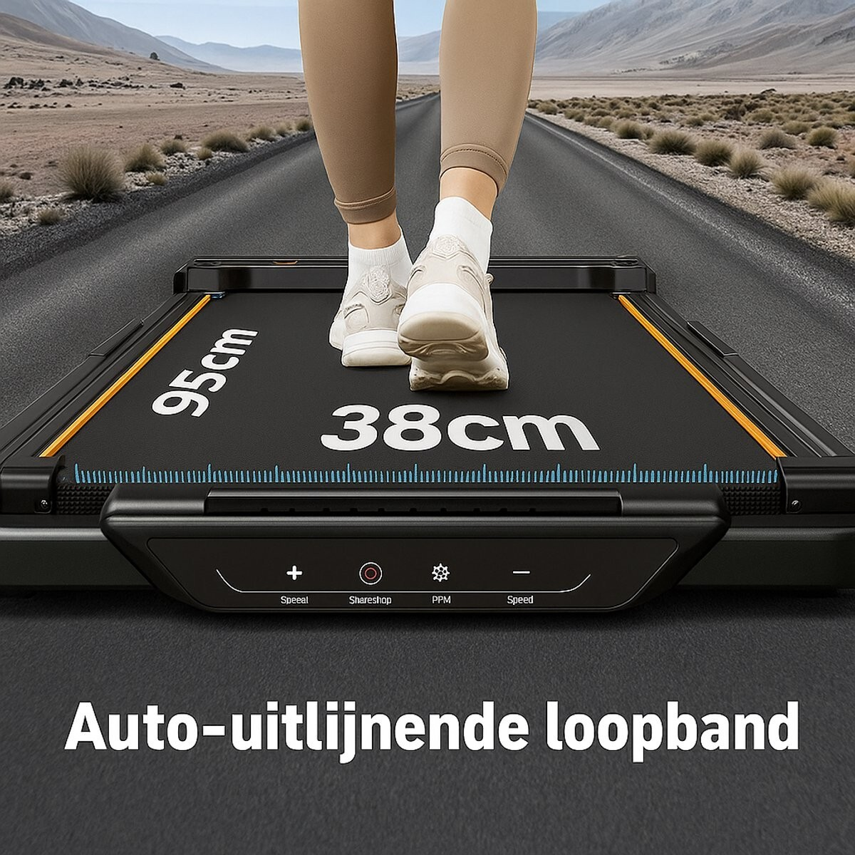 Osoba na bieżni na drodze, z napisem 'Auto-uitlijnen'