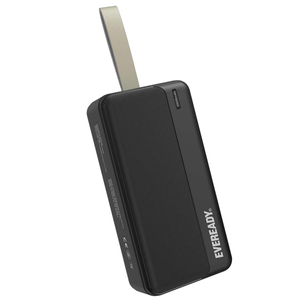 Schwarzes Eveready Powerbank mit 30000mAh, beige Schlaufe oben.