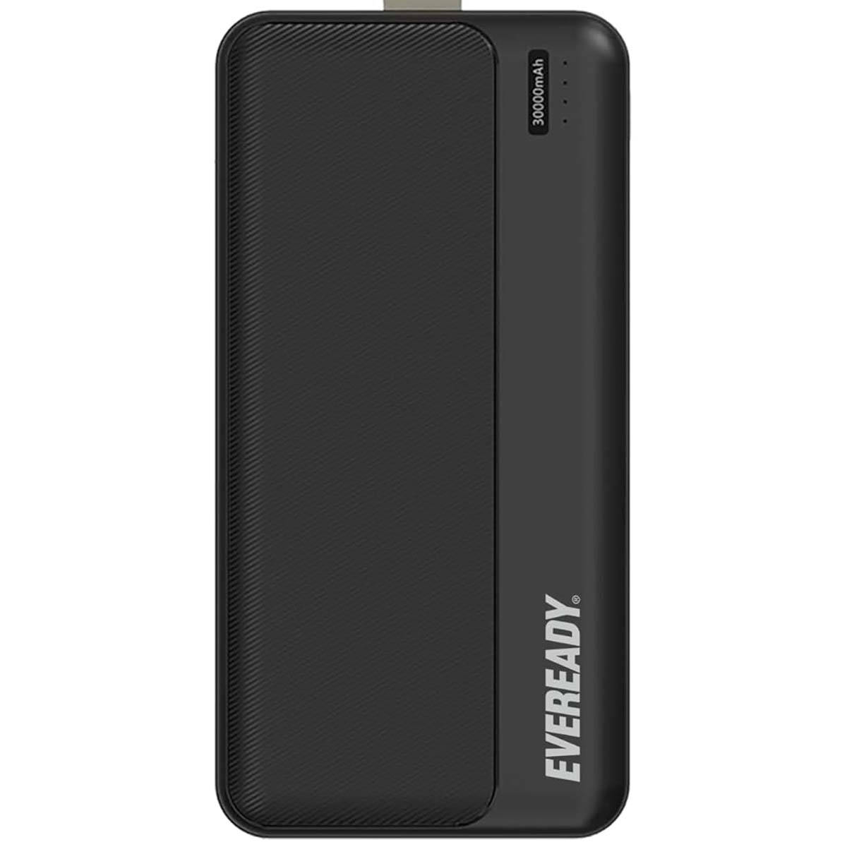 Schwarzer Eveready Powerbank mit 30000mAh Kapazität und gerippter Textur.