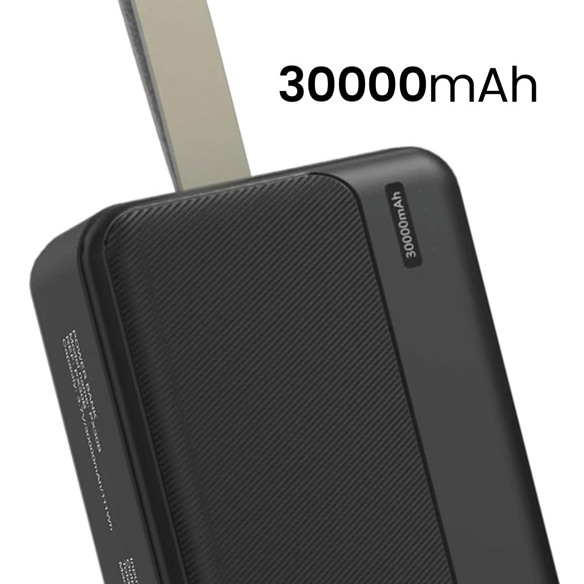 Schwarzes Powerbank mit 30000mAh Kapazität und texturiertem Griff.