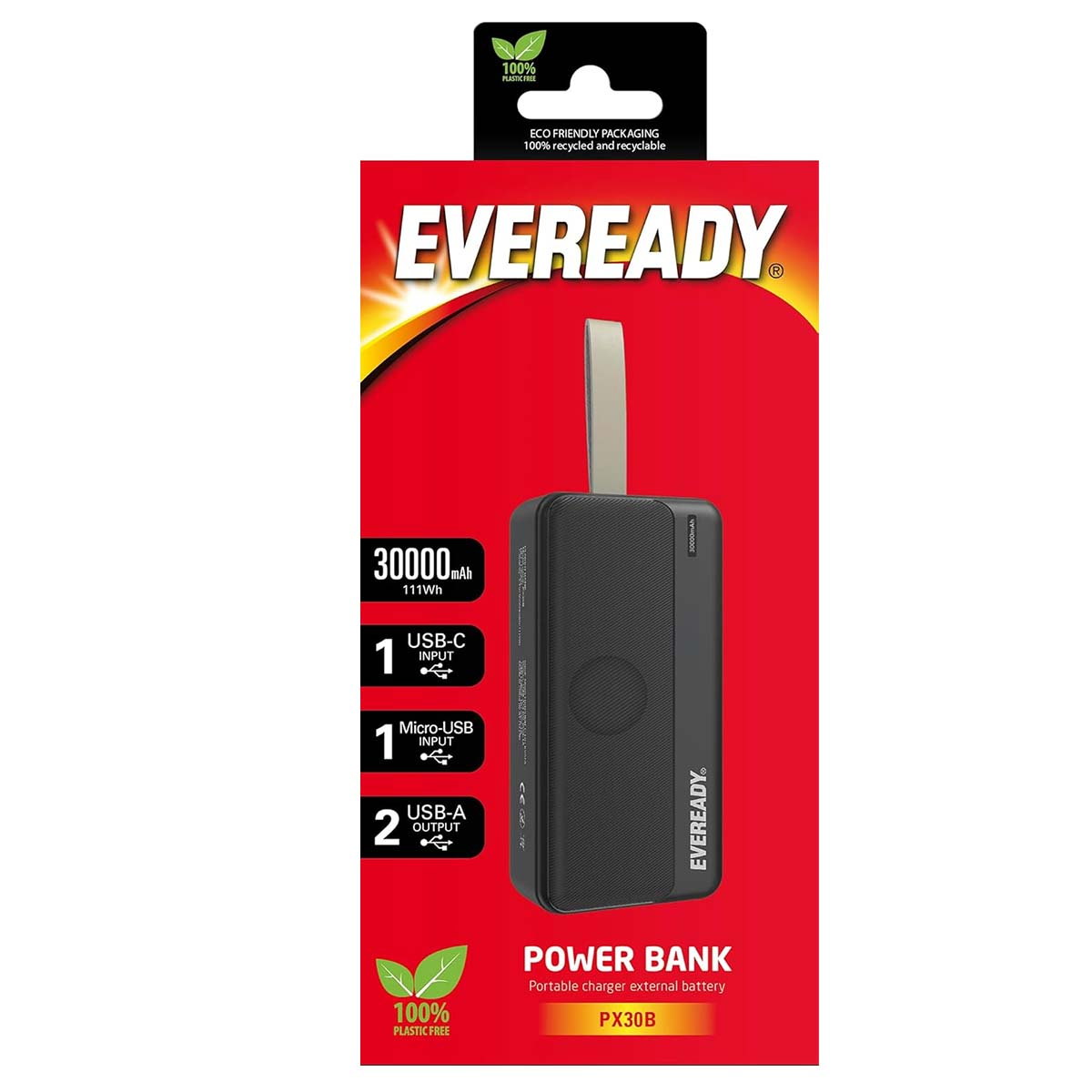 Eveready Power Bank: 30000mAh, 1x USB-C, 1x Micro-USB Input, 2x USB-A Output.