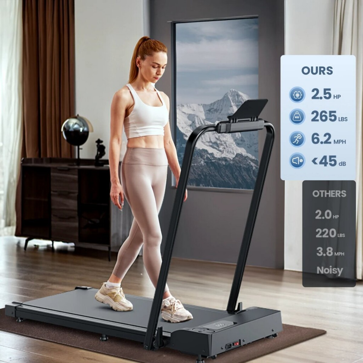 Kobieta na bieżni z widokiem gór w tle. Wyświetlone specyfikacje.