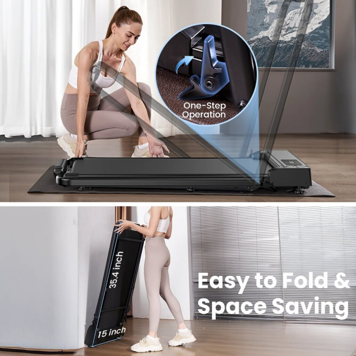 Kobieta składa bieżnię; szczegół pokazuje mechanizm składania.