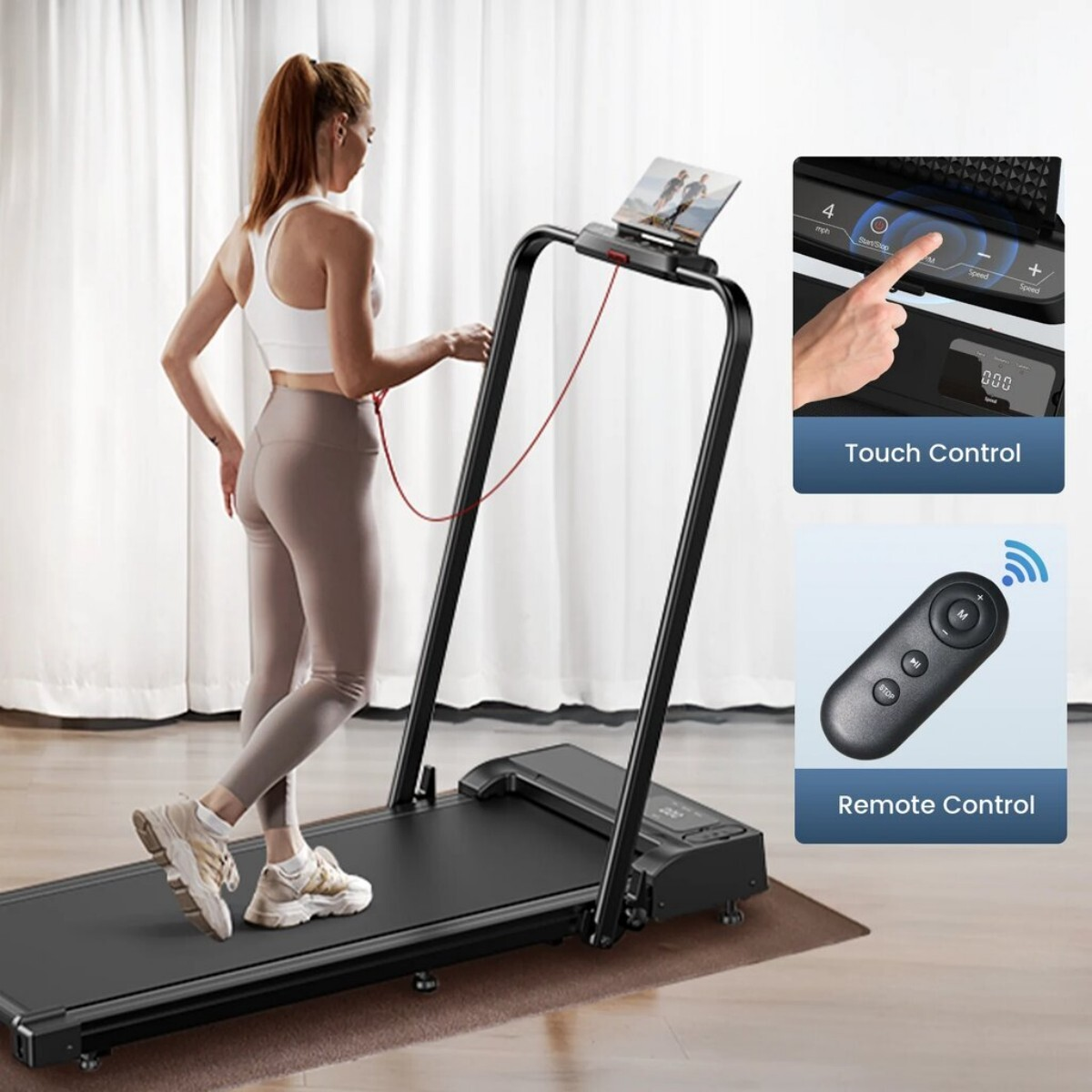 Kobieta na bieżni z opcjami ekranu dotykowego i pilota.
