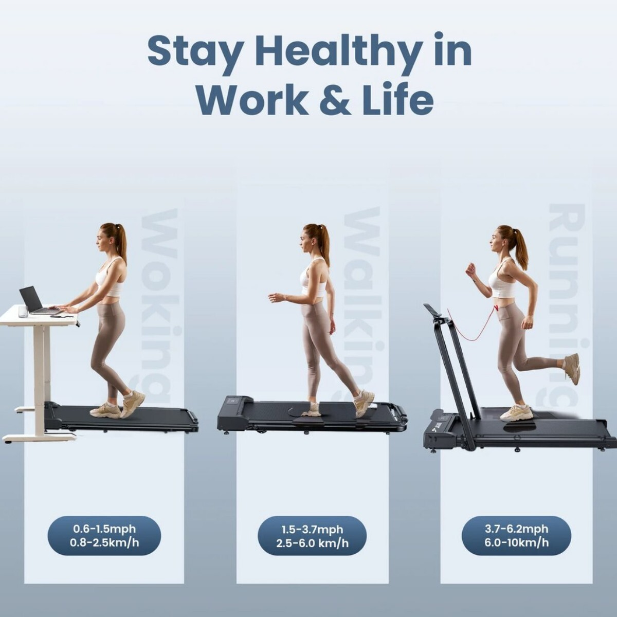 Kobieta na bieżni przy biurku stojącym, idąca i biegnąca.