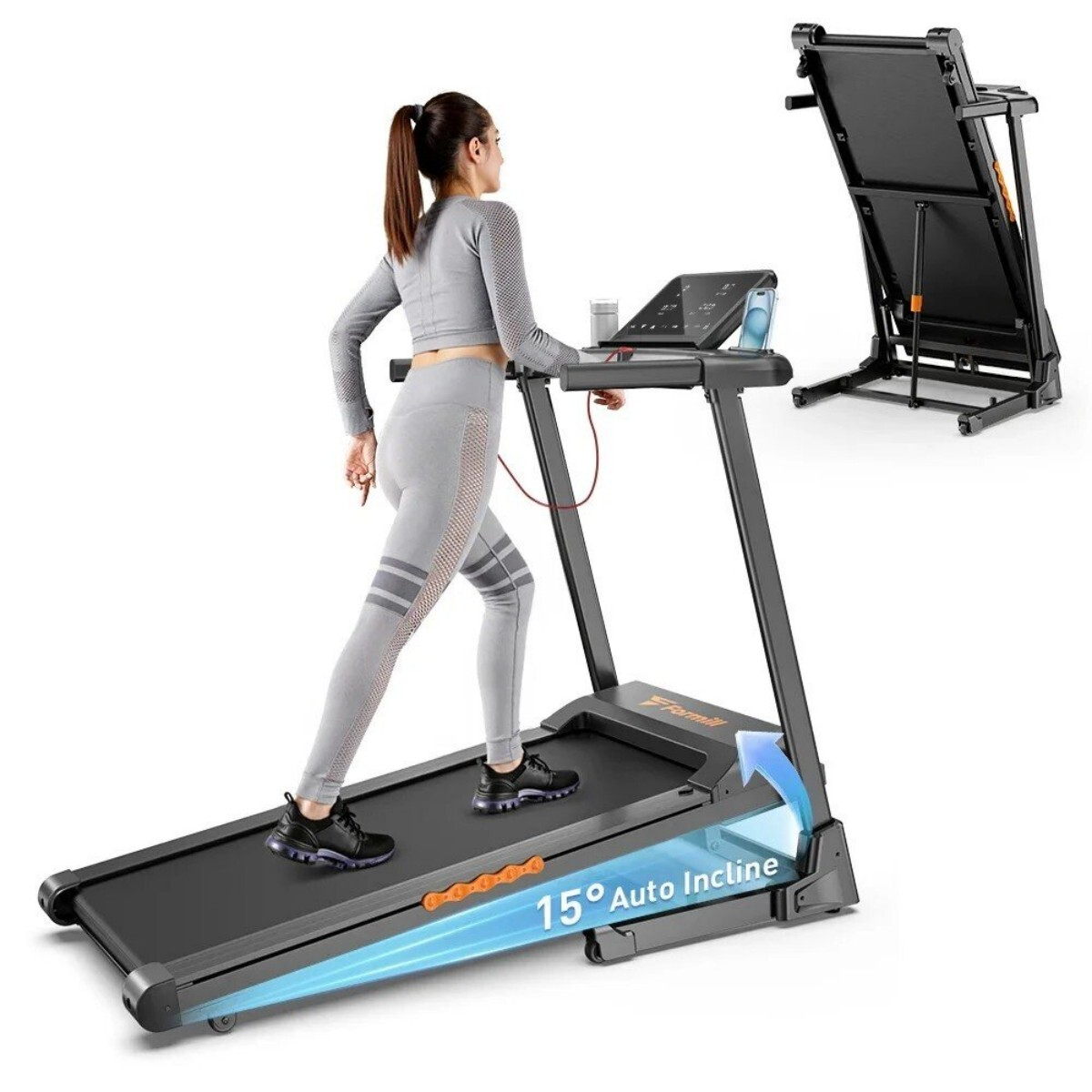 Kobieta biegnie na bieżni, obok złożona bieżnia.