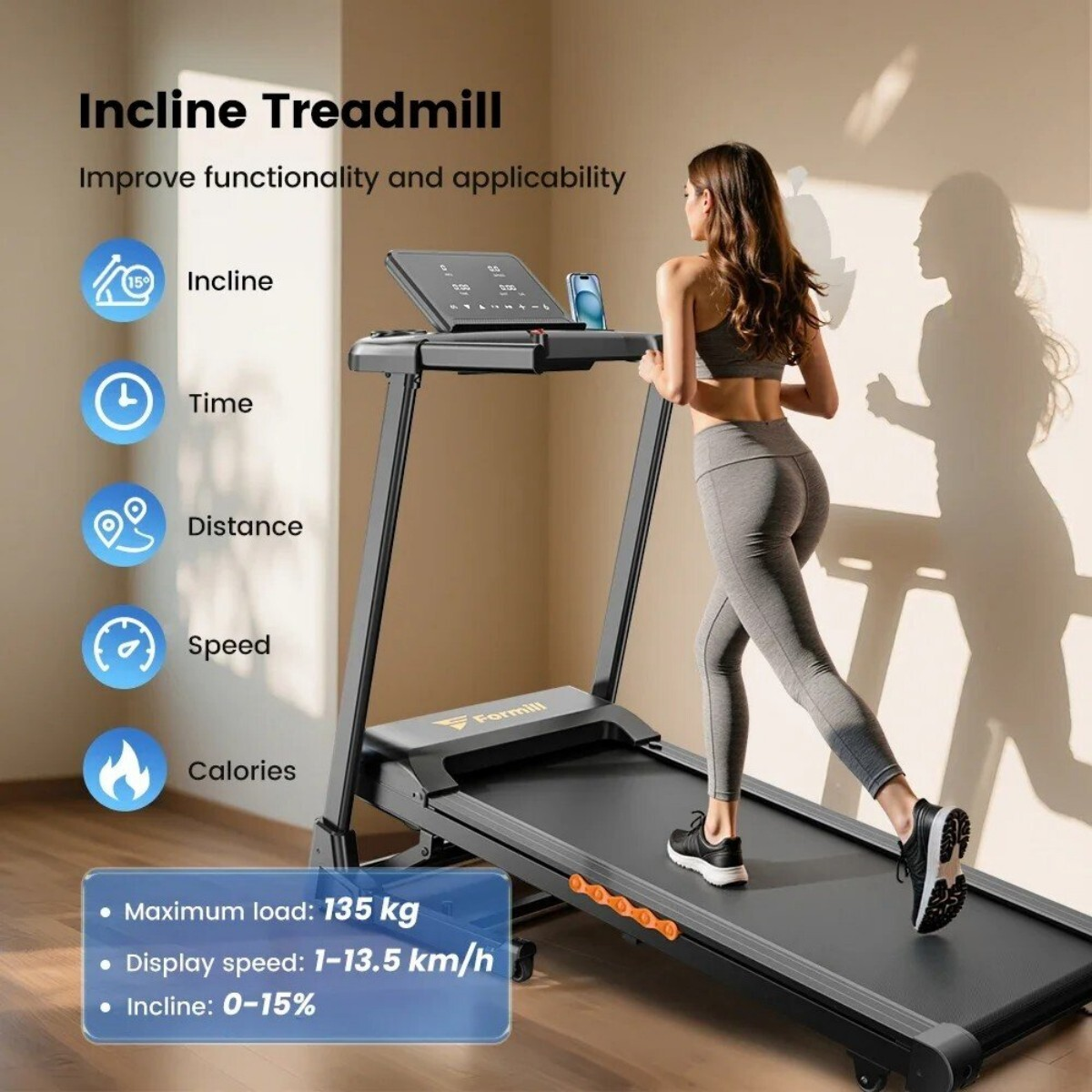 Kobieta biegnie na bieżni, wyświetlacz pokazuje nachylenie, czas, dystans, prędkość.