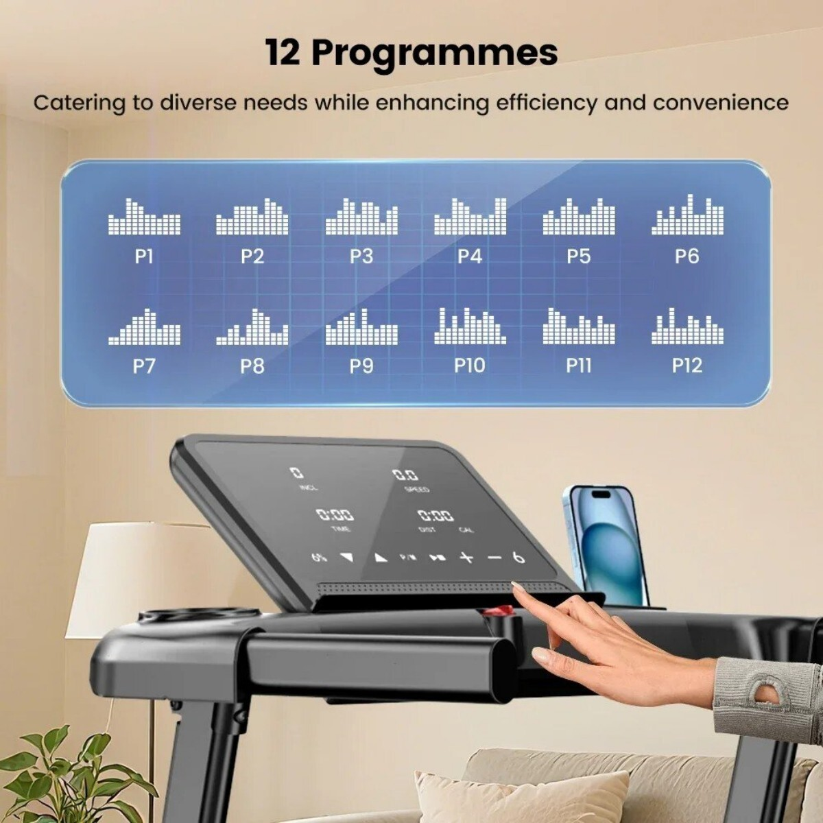 Wyświetlacz bieżni pokazuje 12 programów P1-P12 z wykresami treningowymi. Ręka dotyka ekranu.