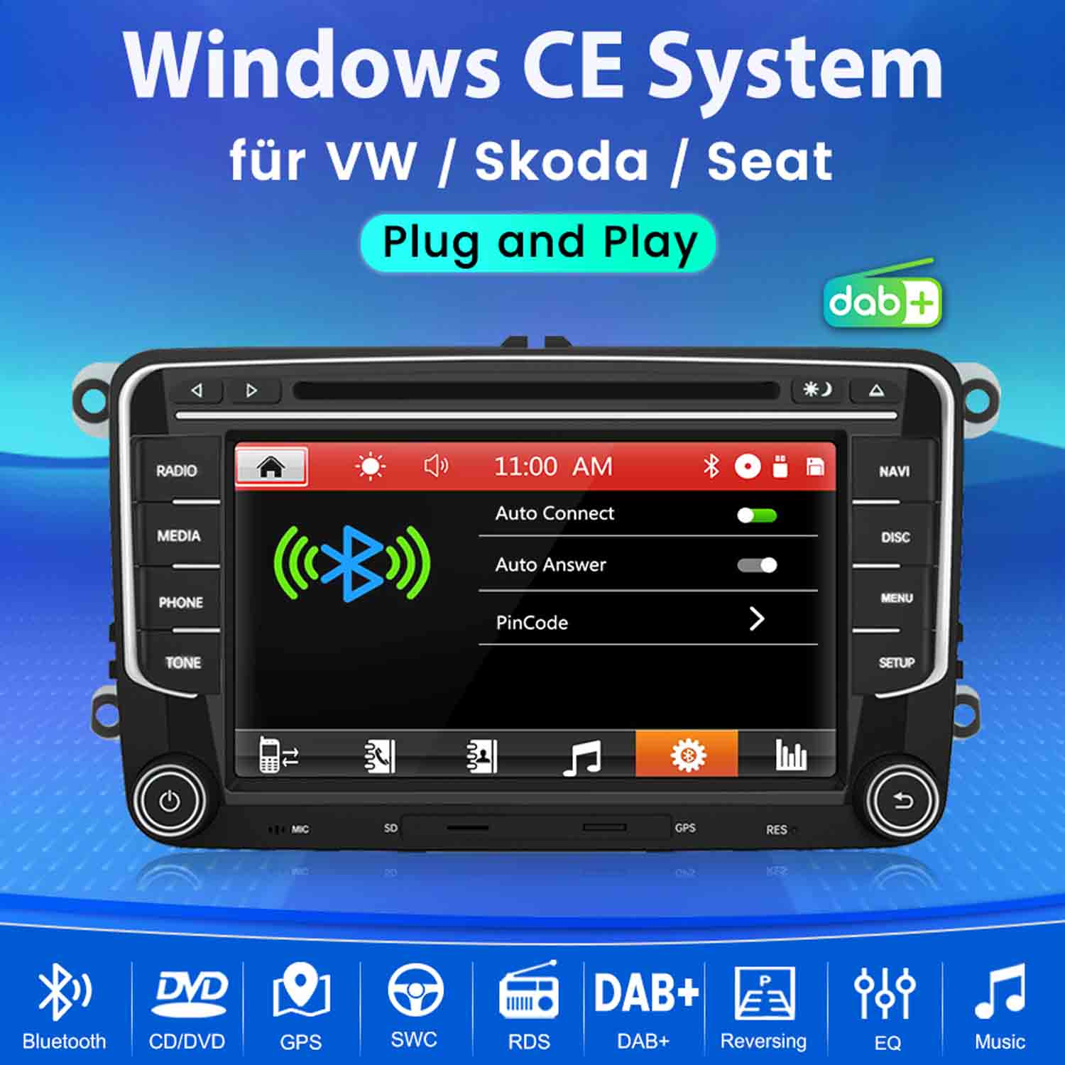 Autoradio mit Touchscreen, zeigt Menü für VW, Skoda, Seat an.