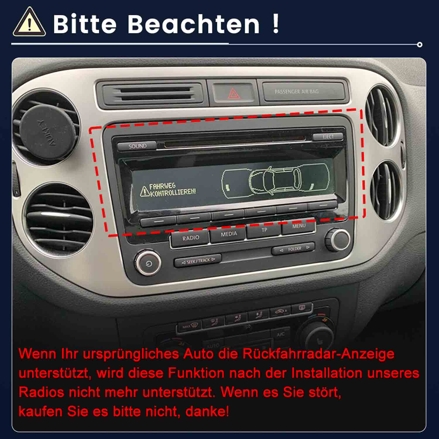 Armaturenbrett mit Autoradio und Lüftungsschlitzen. Warnhinweis oben.