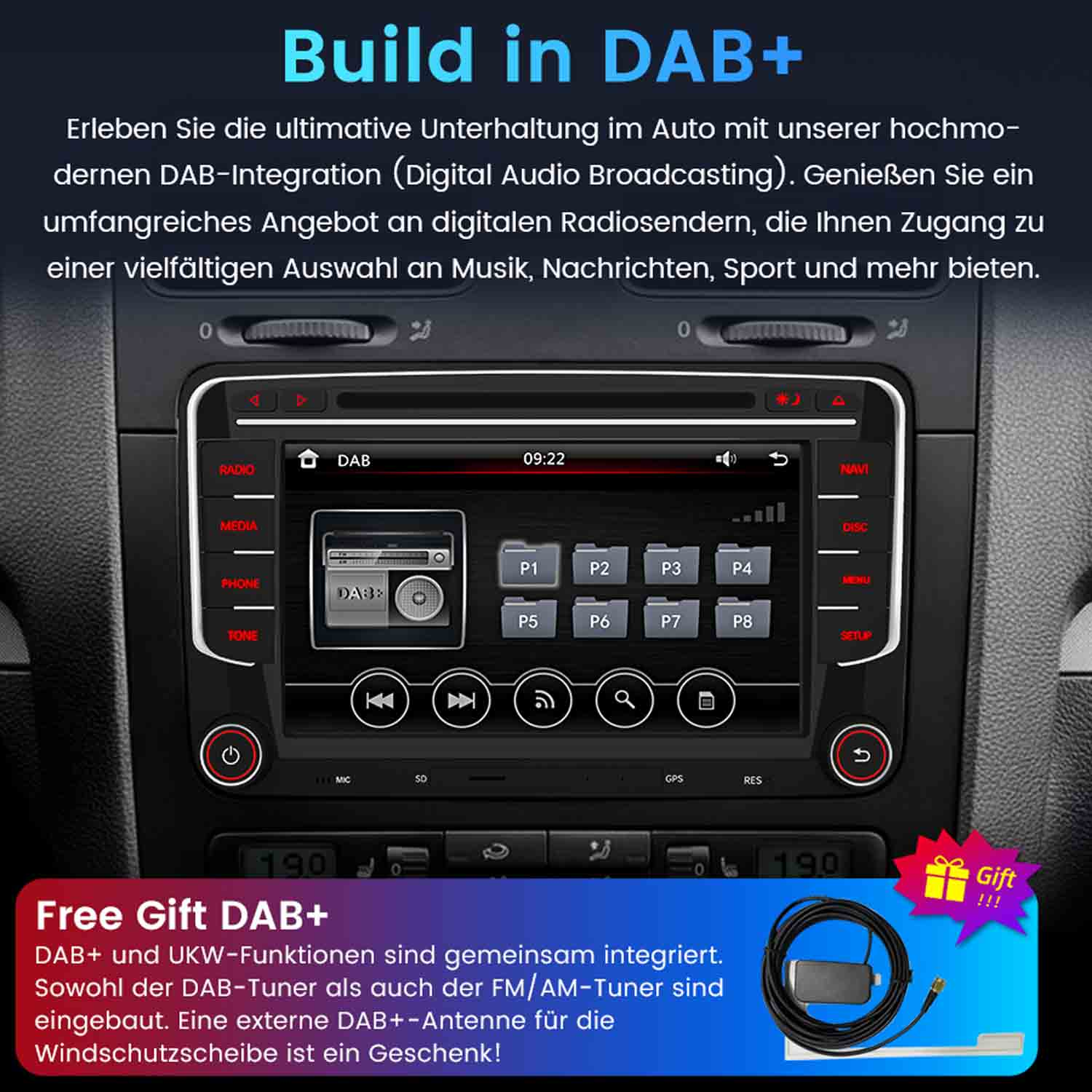 Auto-Radio mit DAB+-Integration, zeigt DAB-Sender und enthält eine Antenne als Geschenk.