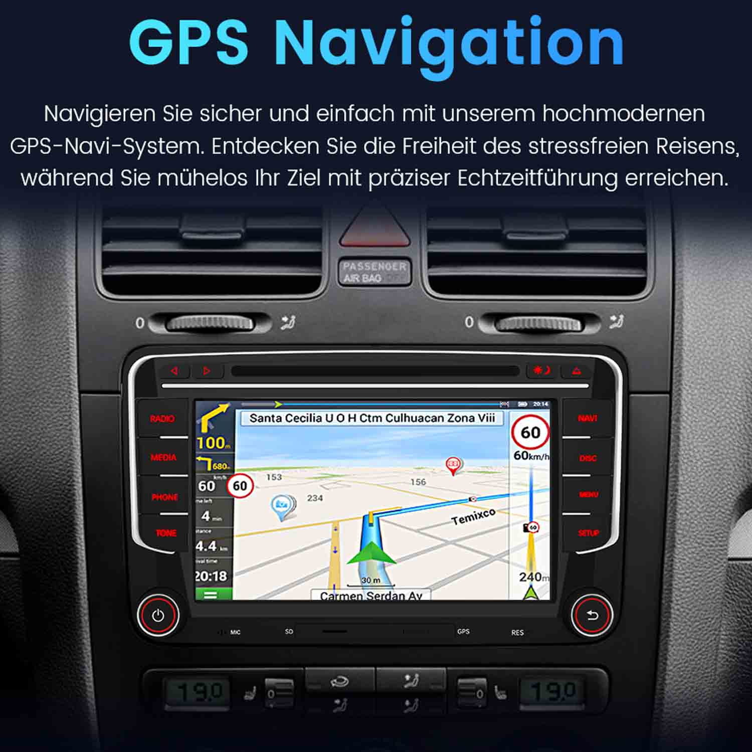 Eine GPS-Navigationsanzeige in einem Auto mit Karte, Geschwindigkeit und Route.