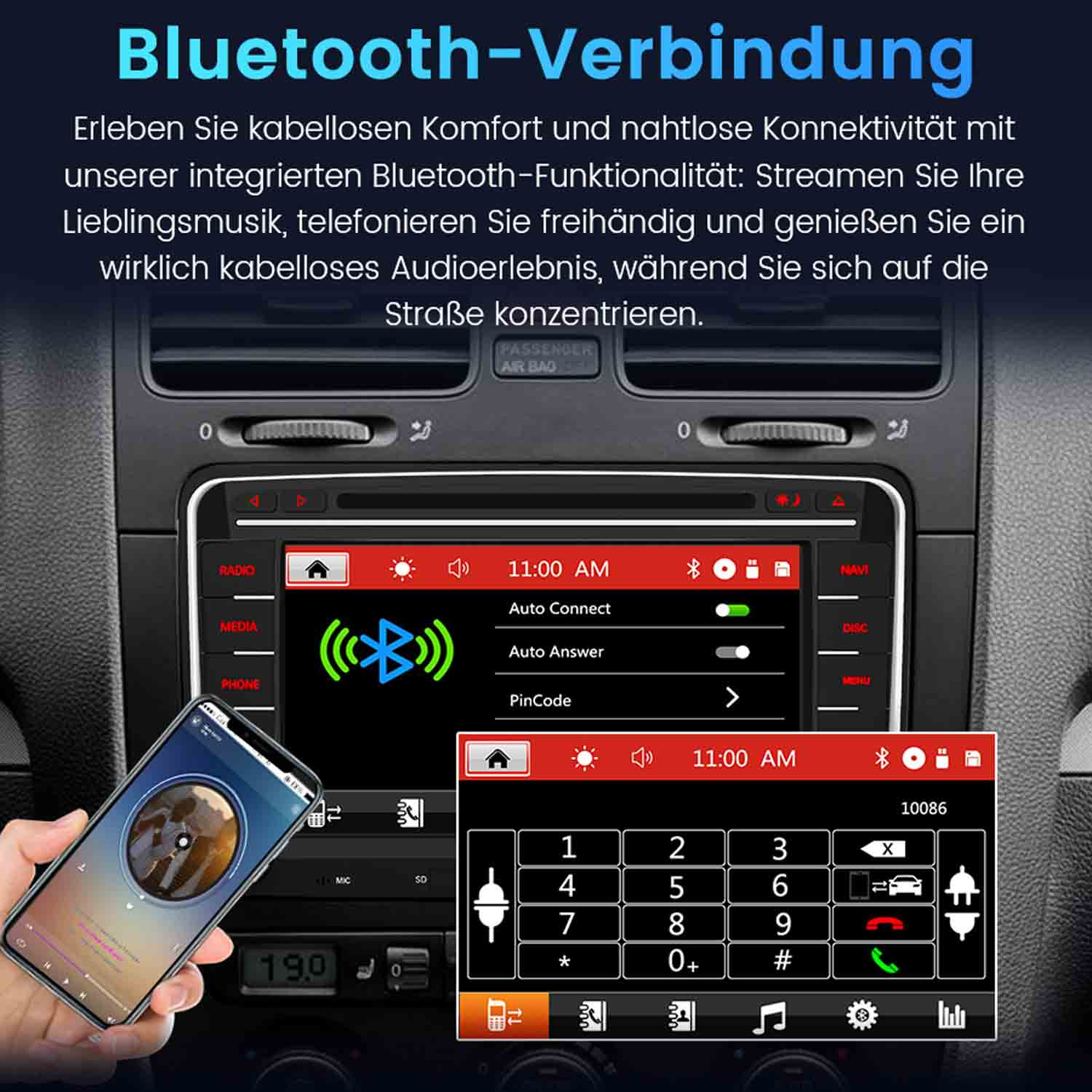 Ein Smartphone wird neben einem Autoradio gehalten. Das Autoradio zeigt eine Bluetooth-Verbindung.