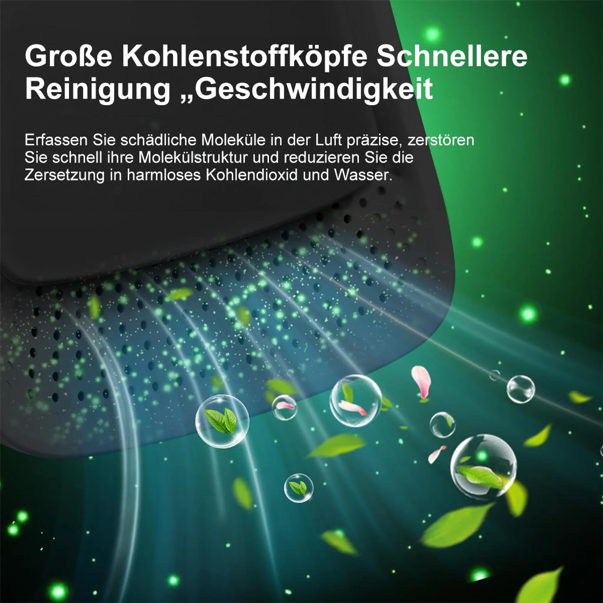 Abstraktes Bild mit grünen Blättern, Blasen und Lichtern.