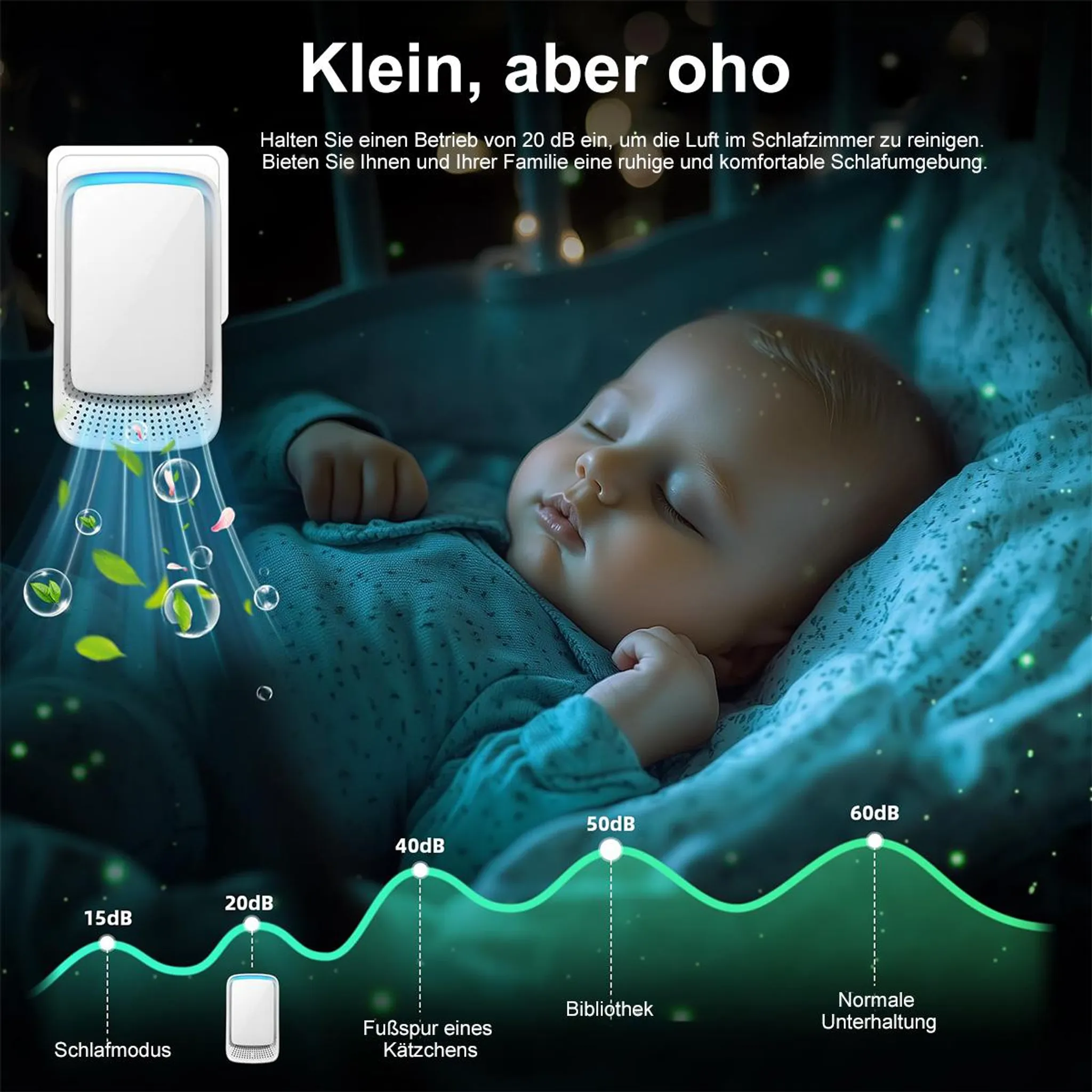 Ein kleiner Luftreiniger reinigt die Luft neben einem schlafenden Baby.