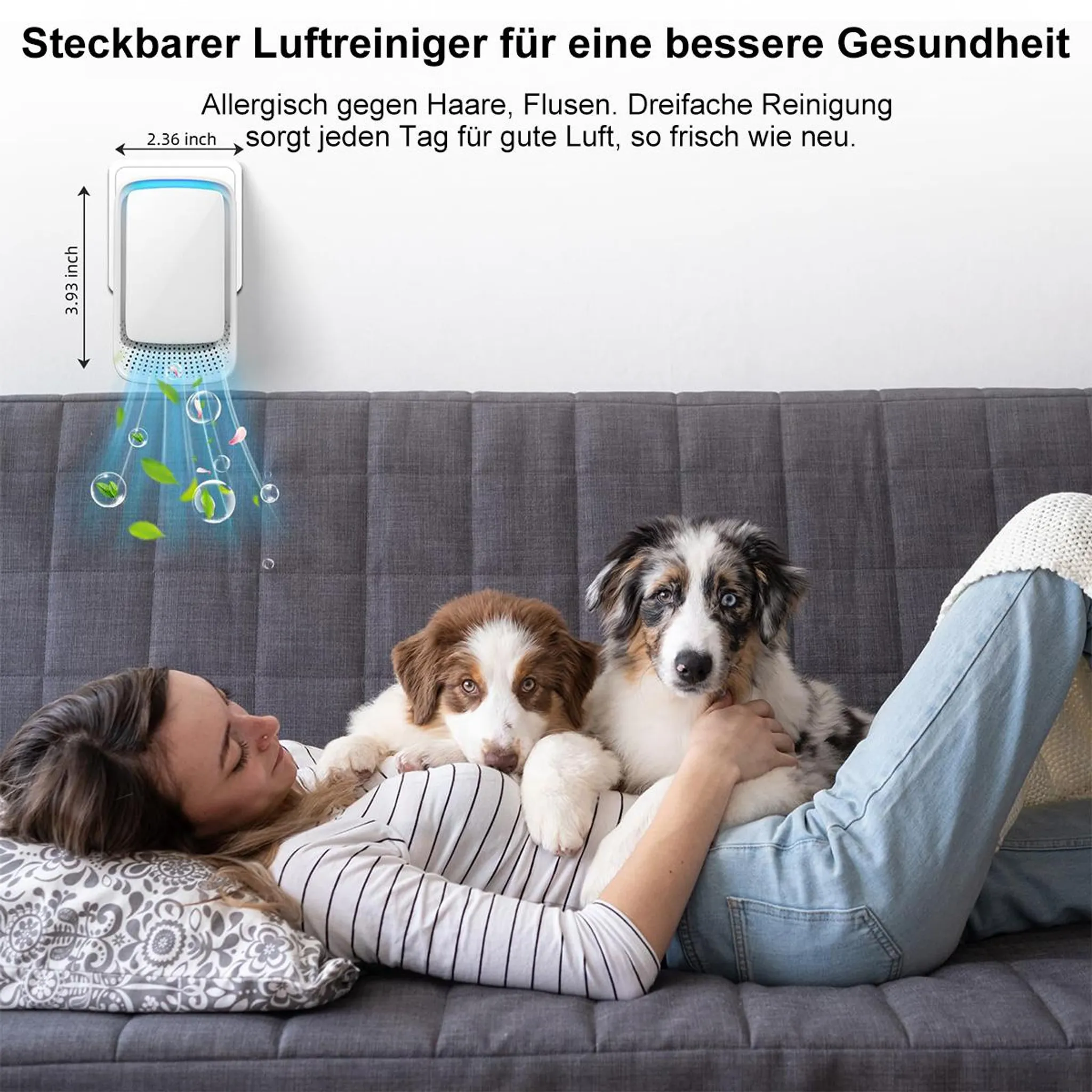 Ein weißer Luftreiniger über zwei süßen Hunden und einer Frau auf einem Sofa.