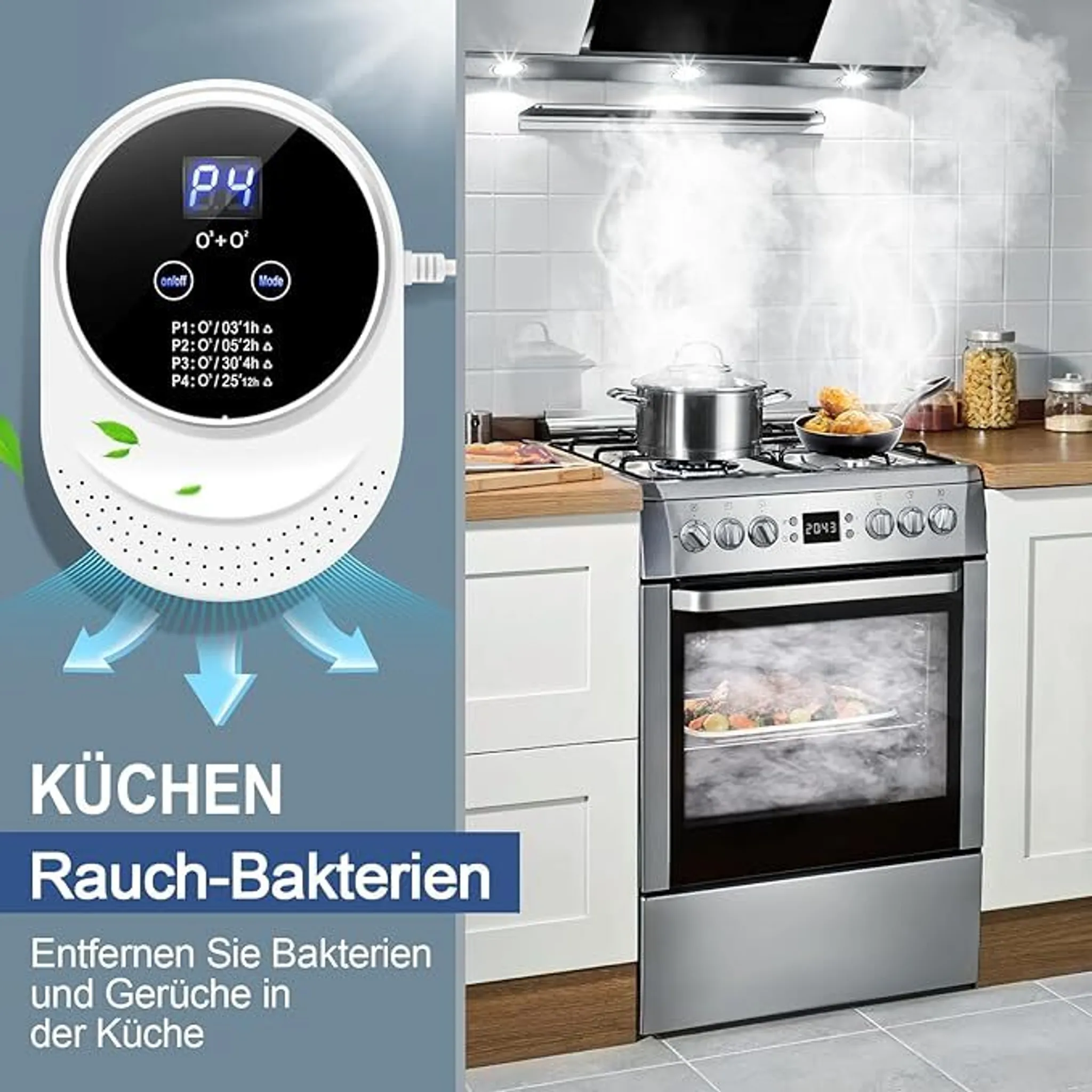Küchengerät mit Rauch und Dampf über einem Herd, daneben ein Luftreiniger.