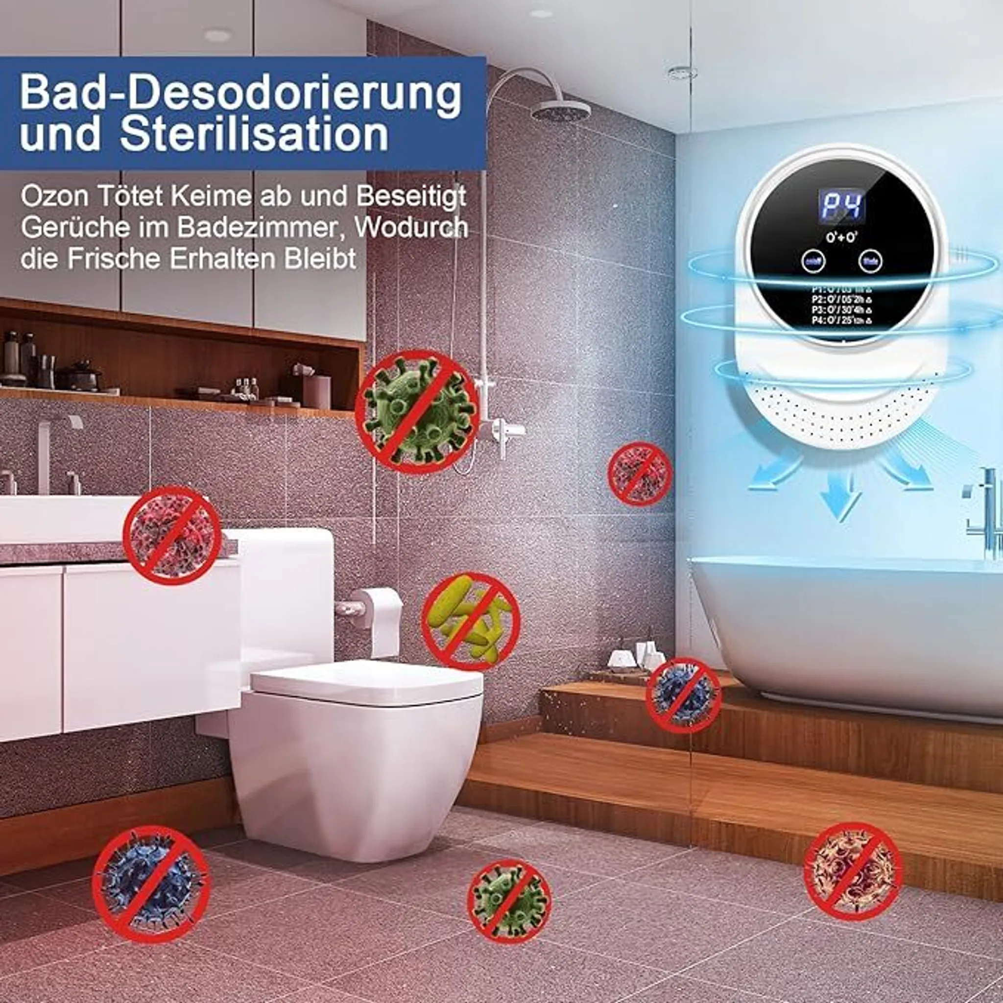 Badezimmer mit Desinfektionsgerät, das Keime und Gerüche beseitigt.