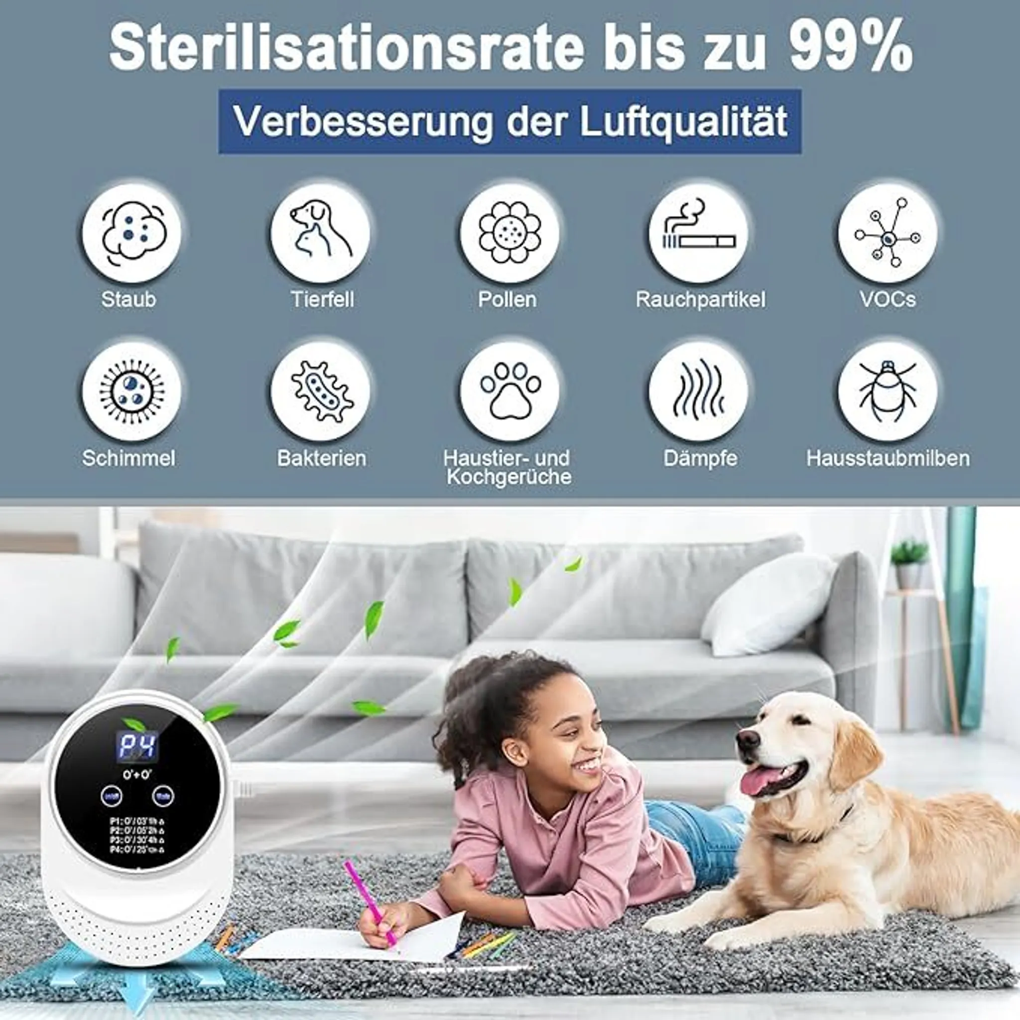 Ein Mädchen und ein Hund liegen auf einem Teppich. Ein Luftreiniger steht vorne.