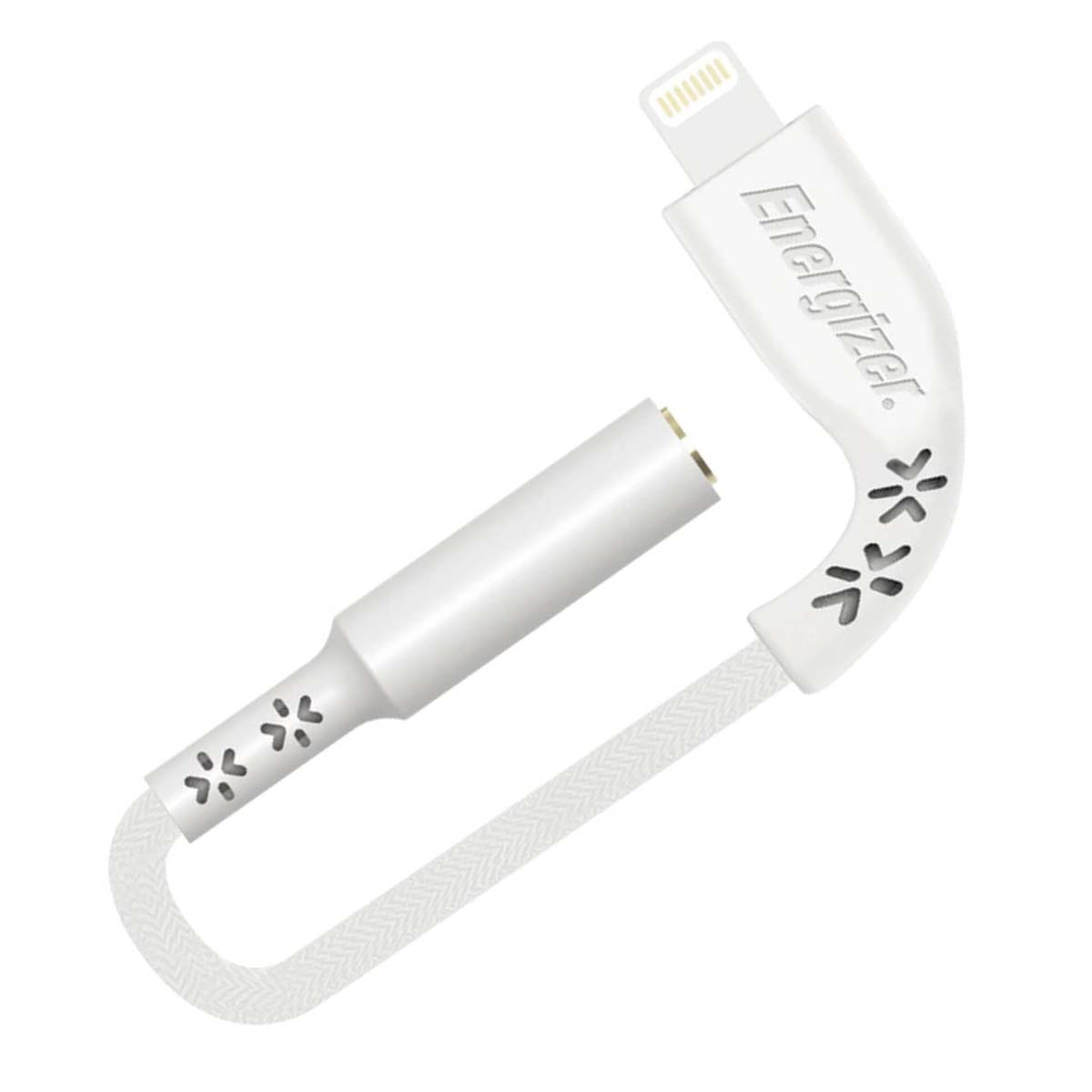 Ein weißer Energizer-Adapter mit Lightning-Stecker und Buchse für Kopfhörer.