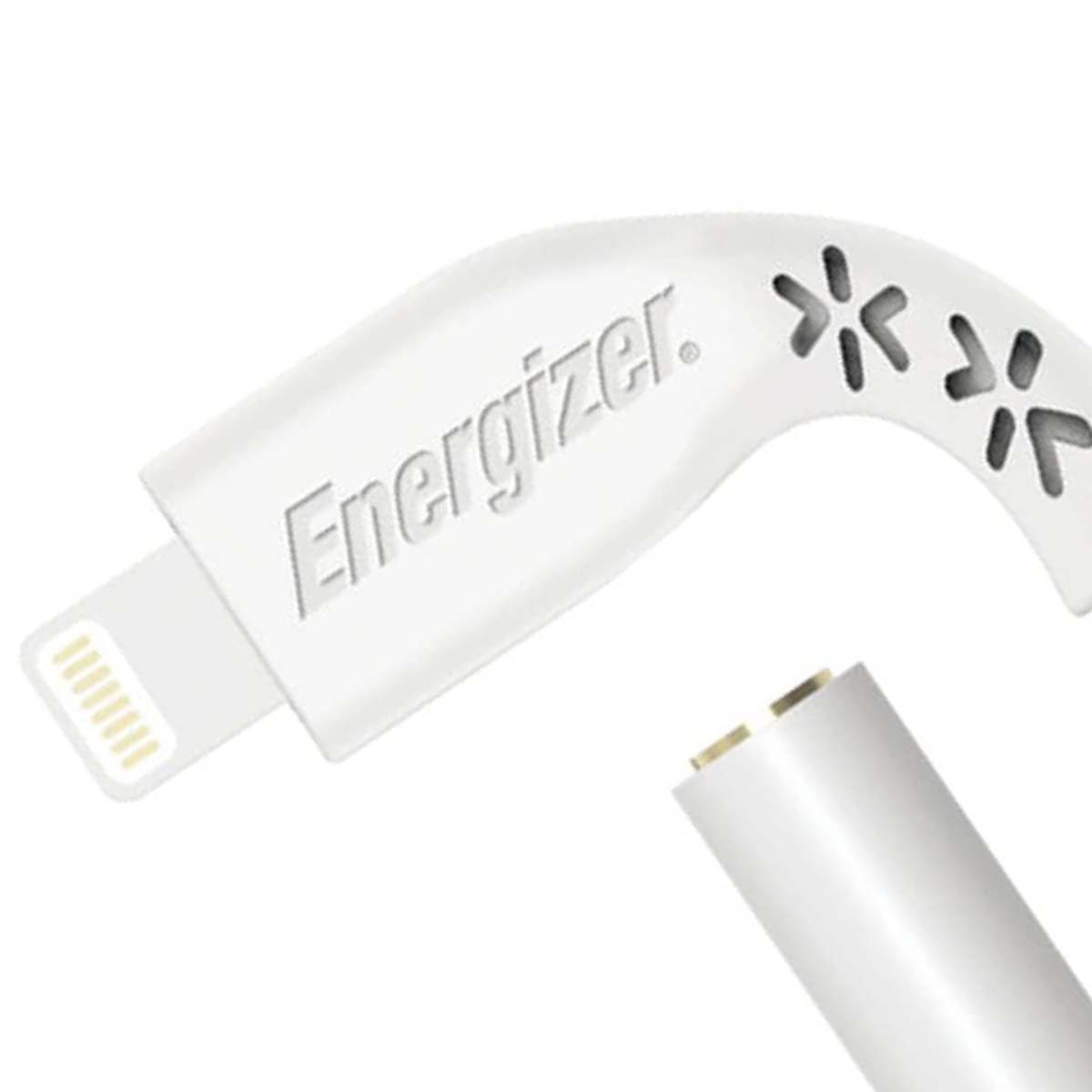 Weißes Energizer-Ladekabel mit Lightning-Anschluss und Sternmuster.