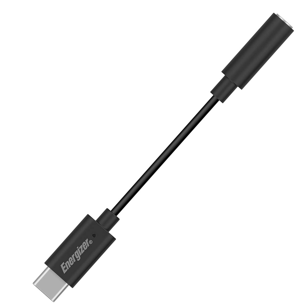 Ein schwarzes Energizer USB-C auf 3,5-mm-Audioadapterkabel liegt auf weißem Hintergrund.