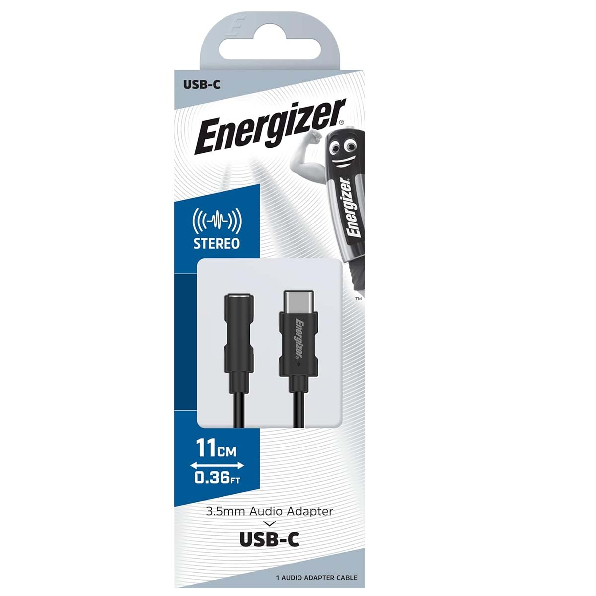Energizer USB-C 3,5-mm-Audioadapter mit Stereosymbol und einem Kabel.