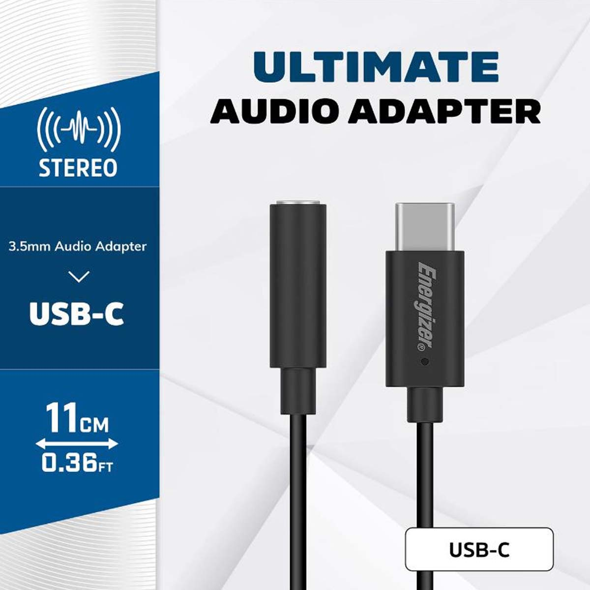 Energizer USB-C auf 3,5-mm-Audioadapter, 11 cm lang, Stereo.