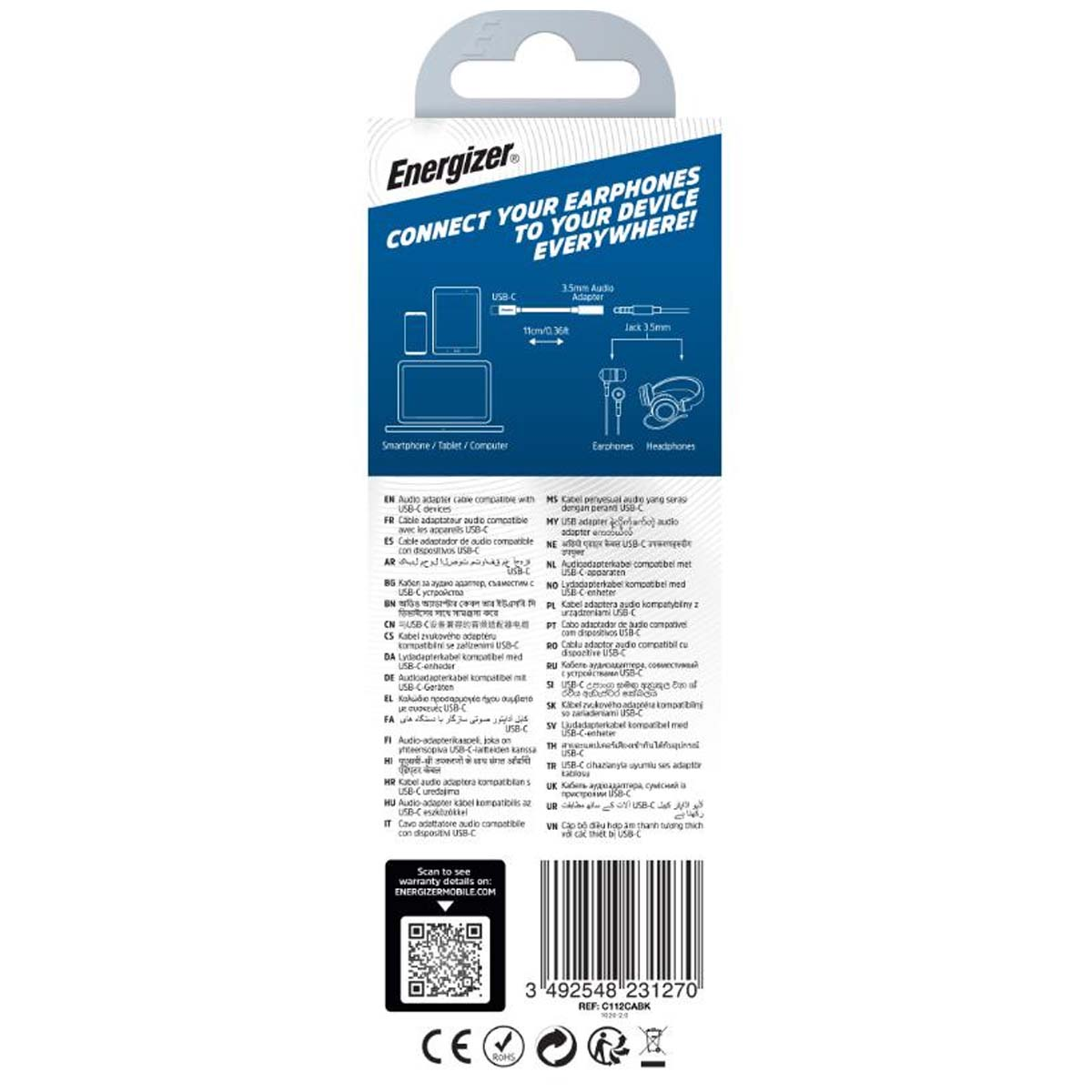 Energizer USB-C auf 3,5mm Audio Adapter für Smartphones, Tablets, Computer, Kopfhörer.