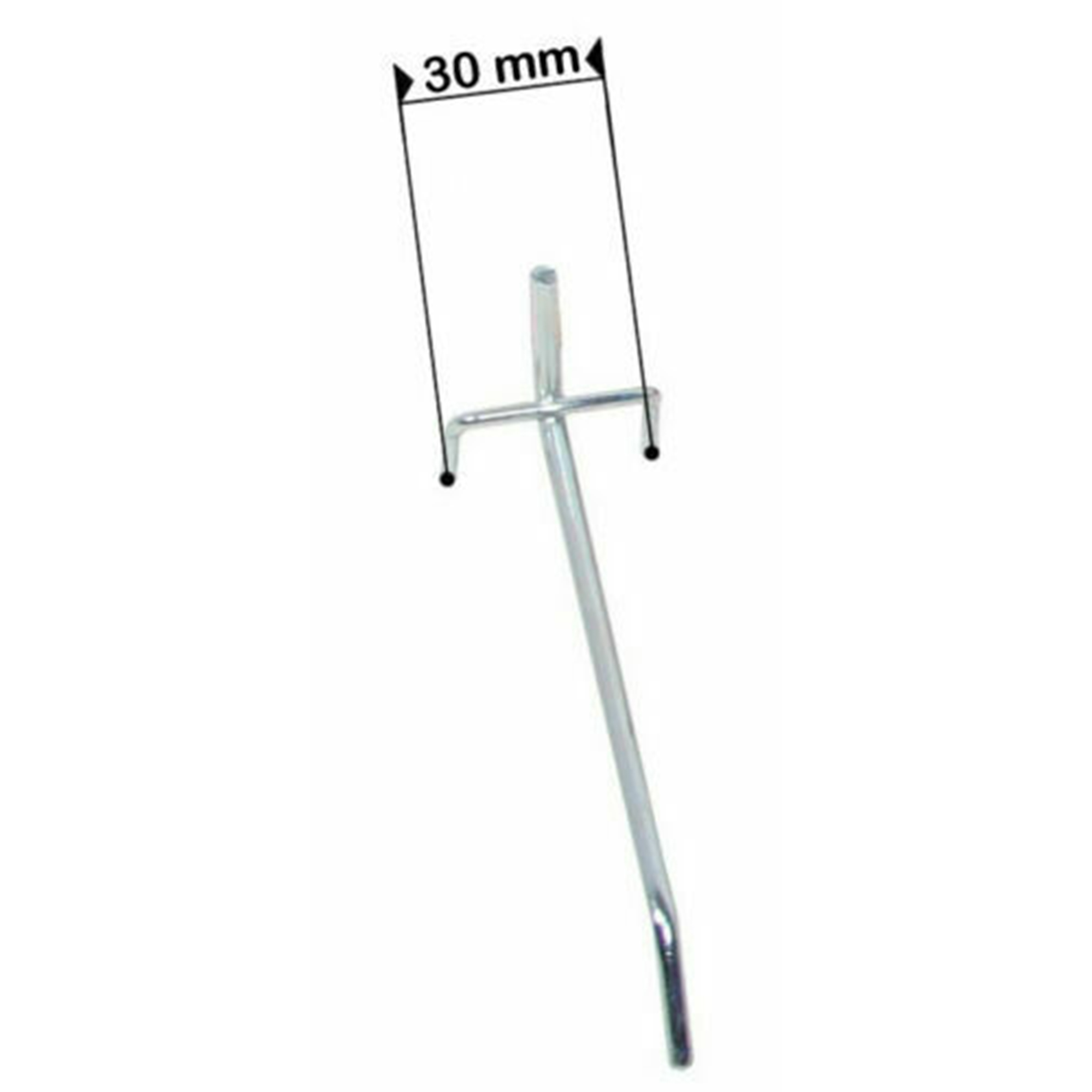 Ein silberner Haken mit 30 mm Markierung.