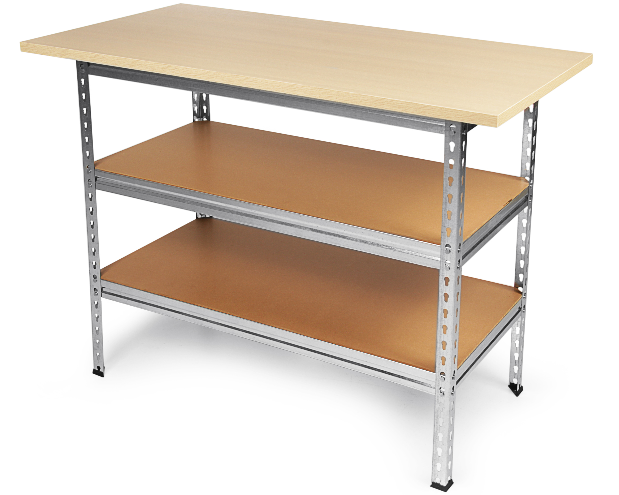 Ein heller Holztisch mit drei Ebenen und Metallrahmen.