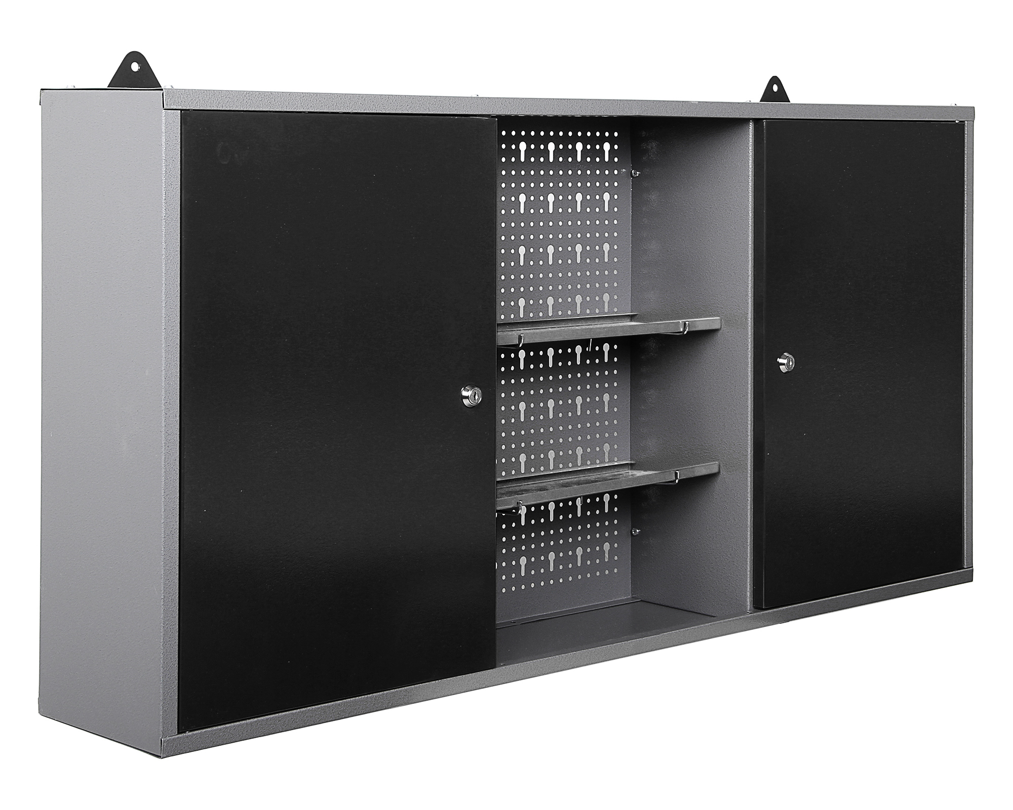 Grauer Metallschrank mit schwarzen Schiebetüren und perforierten Einsätzen.