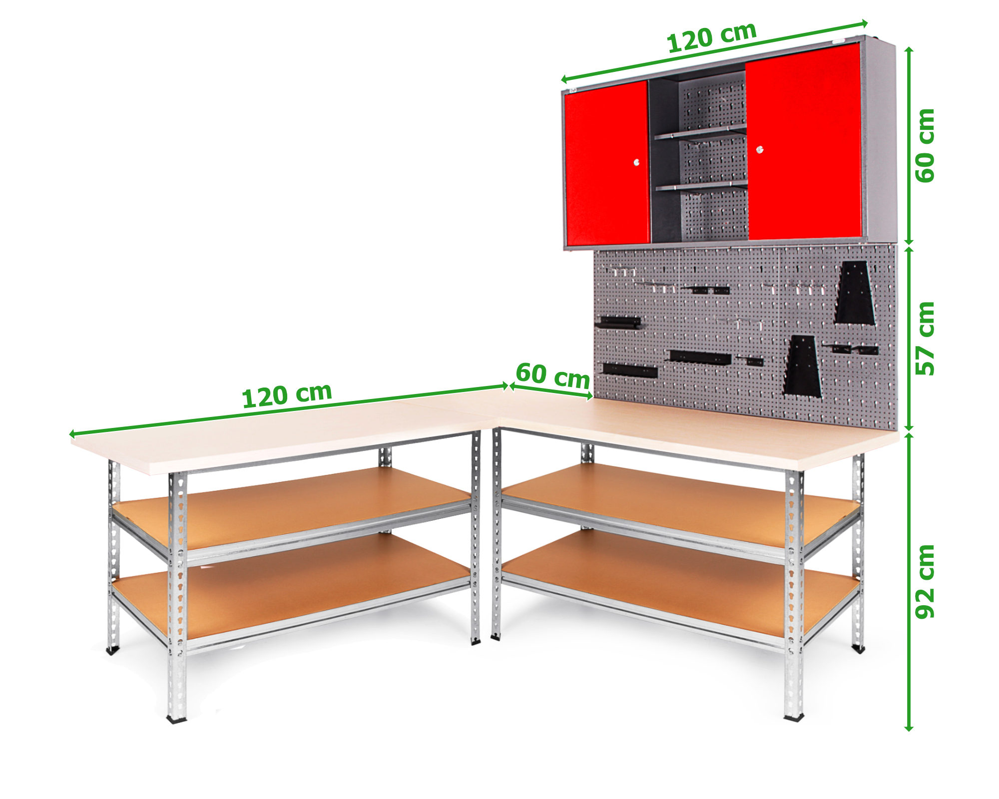 Werkbank mit zwei Ebenen, rot lackiertem Hängeschrank und Lochwand.