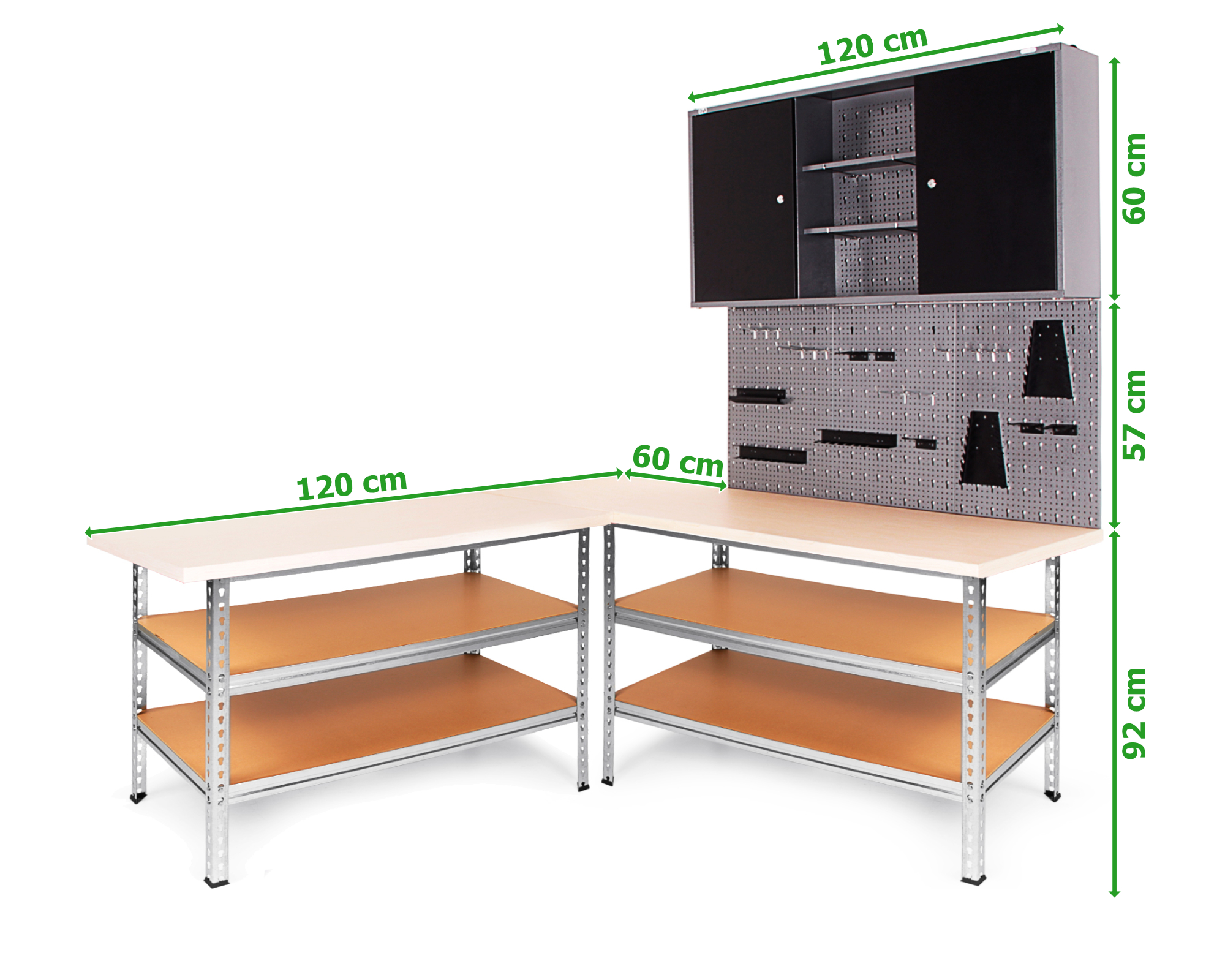 Werkbank mit Aufsatzschrank und Lochwand. Maße: 120x60x92cm.