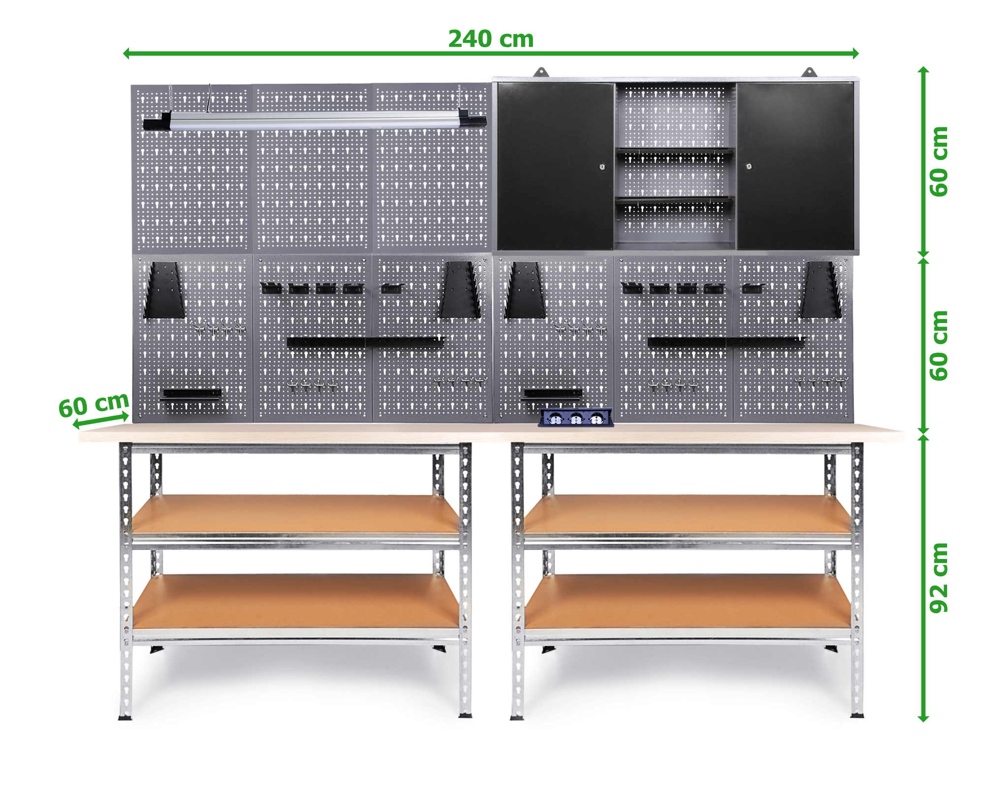 Werkstatt-Set mit Werkbank, Lochwand und Hängeschrank. Maße: 240x60x60x92 cm.