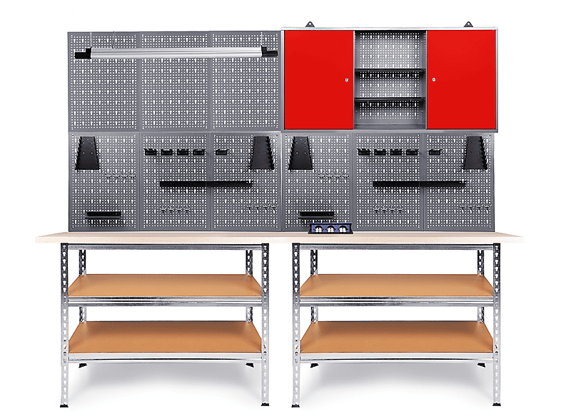 Ondis24 Werkstatt-Komplettset 240 Cm – Mit LED 1000 Lumen, Bluetooth-Lautsprechern & Versenkbarer Steckdose – Werkbank, Schrank & Lochwand
