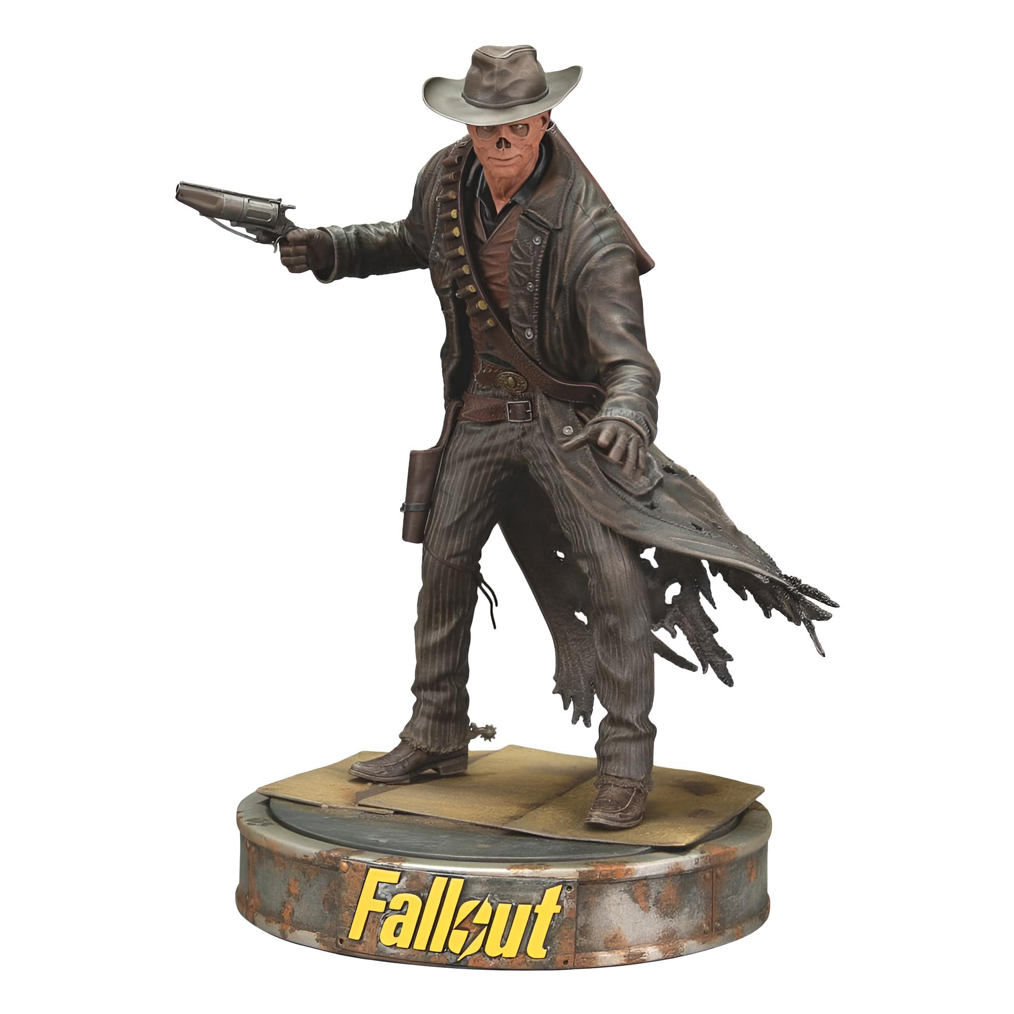 Figur eines Mannes im Westernstil mit Hut, Mantel und Waffe auf einem "Fallout"-Podest.
