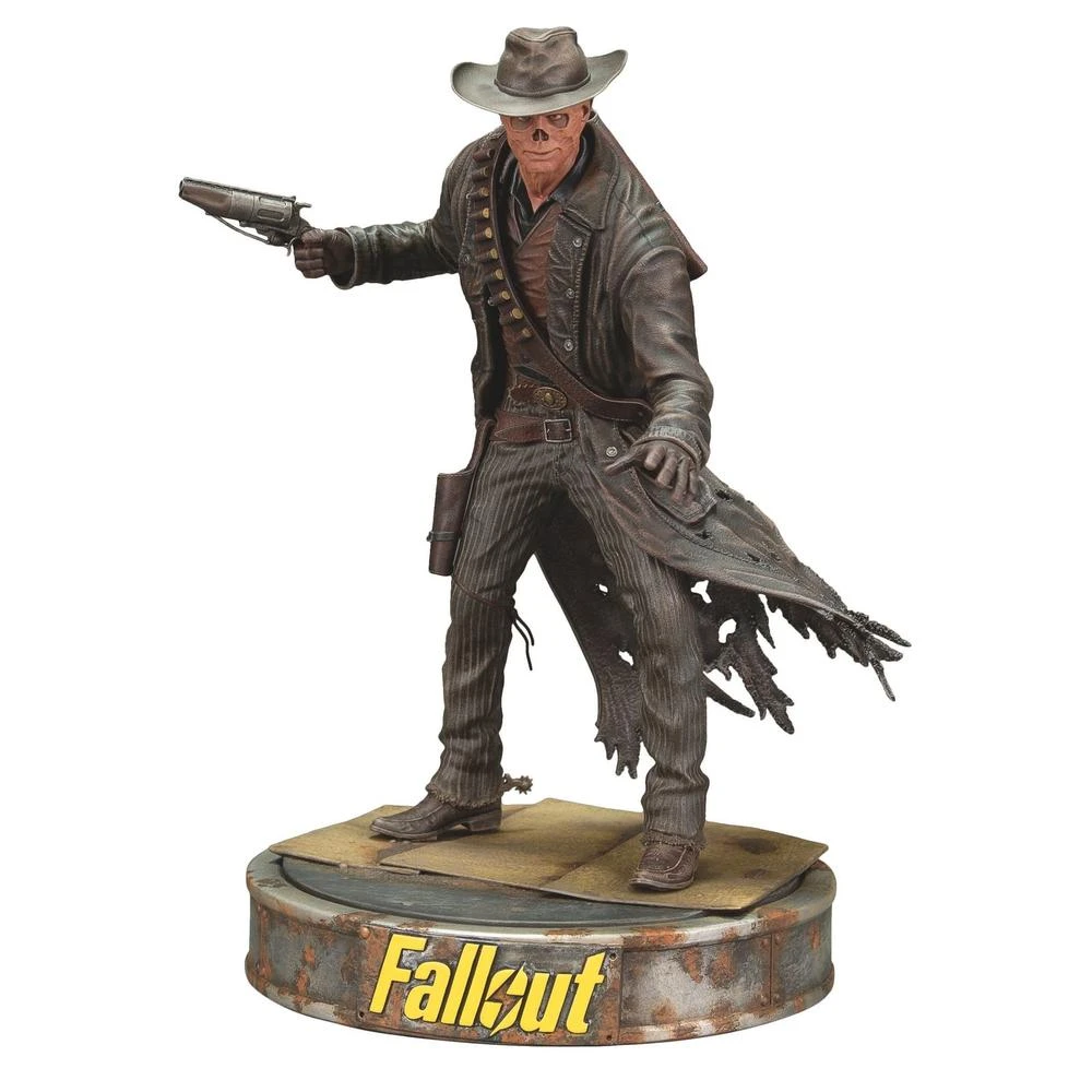 Eine Figur eines Mannes im Westernstil mit Hut, Mantel und Pistole auf einem "Fallout"-Sockel.