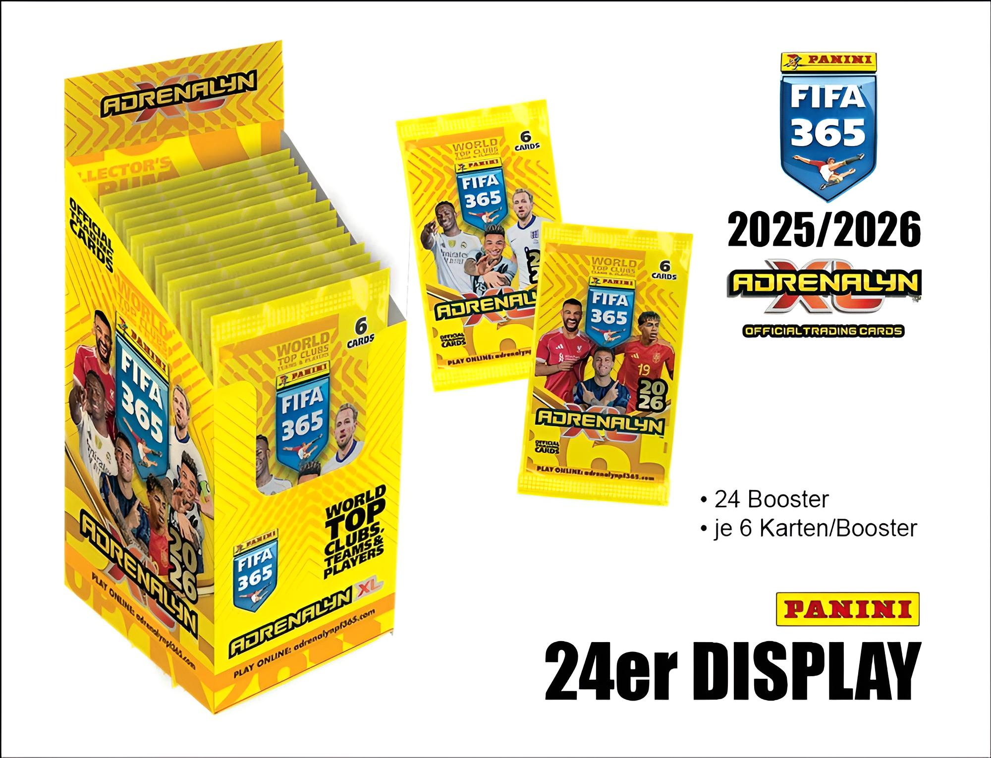 Panini FIFA 365 Adrenalyn XL Sammelkarten Display mit 24 Boostern.
