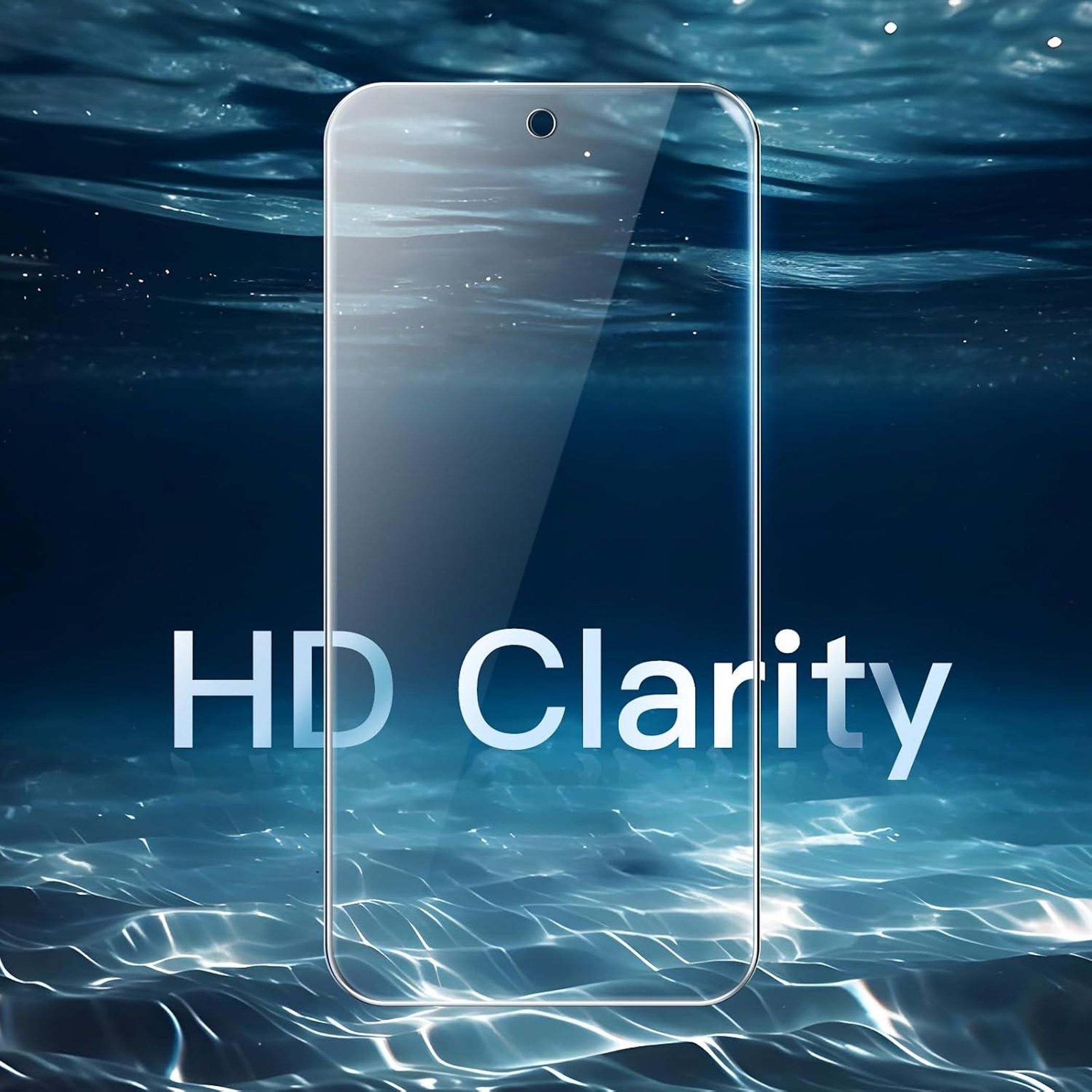 Smartphone-Display unter Wasser mit Text HD Clarity.