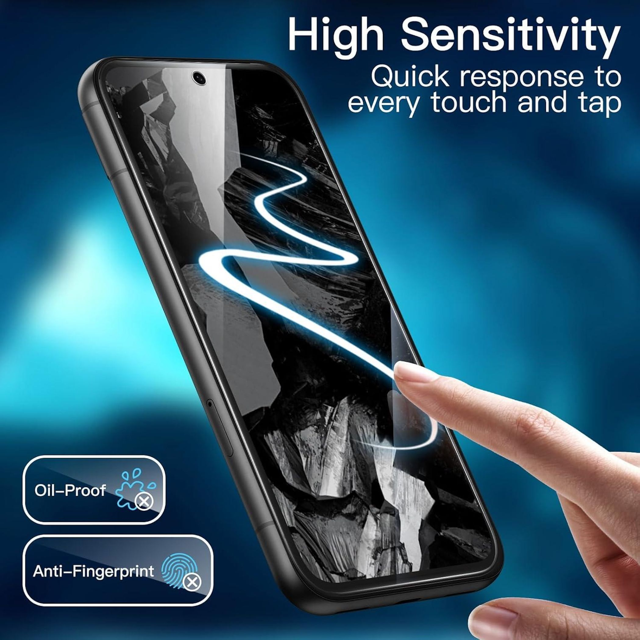 Ein Finger berührt einen Smartphone-Bildschirm mit blauer Lichtwelle. Öl- und Fingerabdruckschutz.