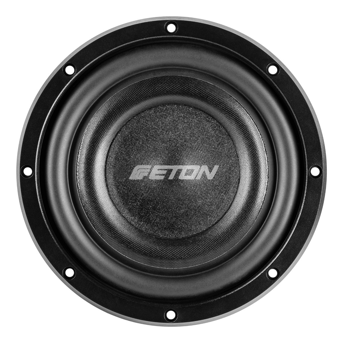 Ein runder schwarzer Subwoofer mit dem Markennamen GETON in der Mitte.