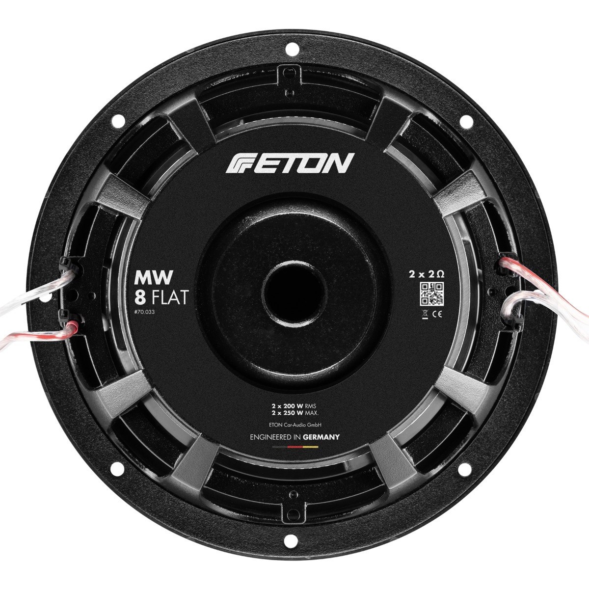 Eton MW 8 FLAT Woofer mit schwarzem Korb, silbernen Halterungen und weißen Kabeln.