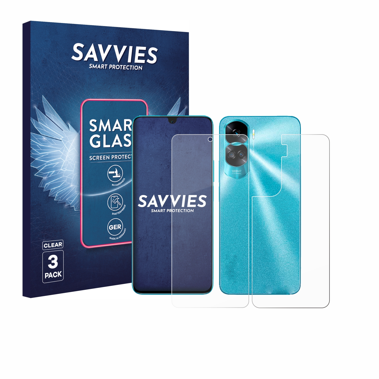 Verpackung und Displayschutzfolie für Smartphone. Blaue Verpackung, Handy, klare Folie.