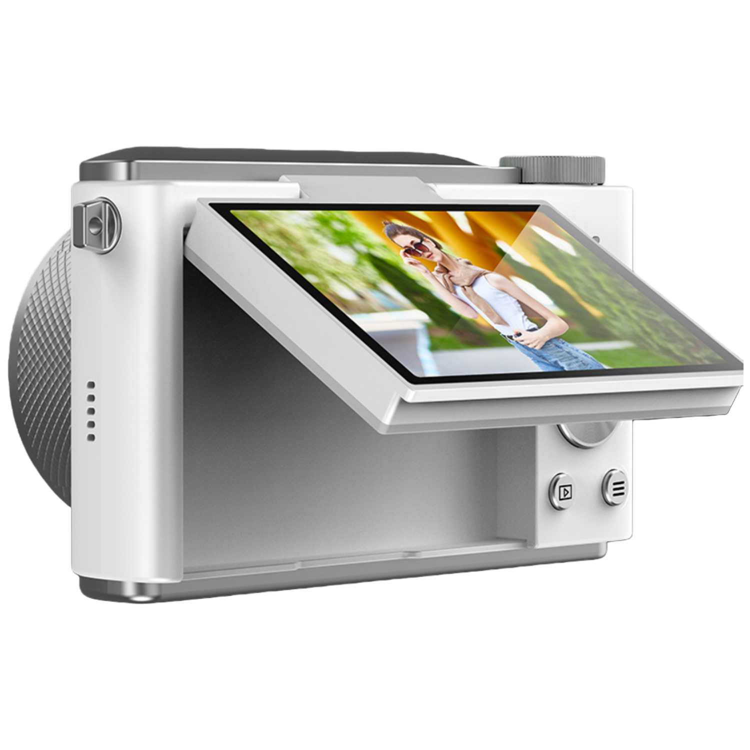 Ein weißer digitaler Fotoapparat mit einem schwenkbaren Bildschirm, auf dem eine Frau zu sehen ist.